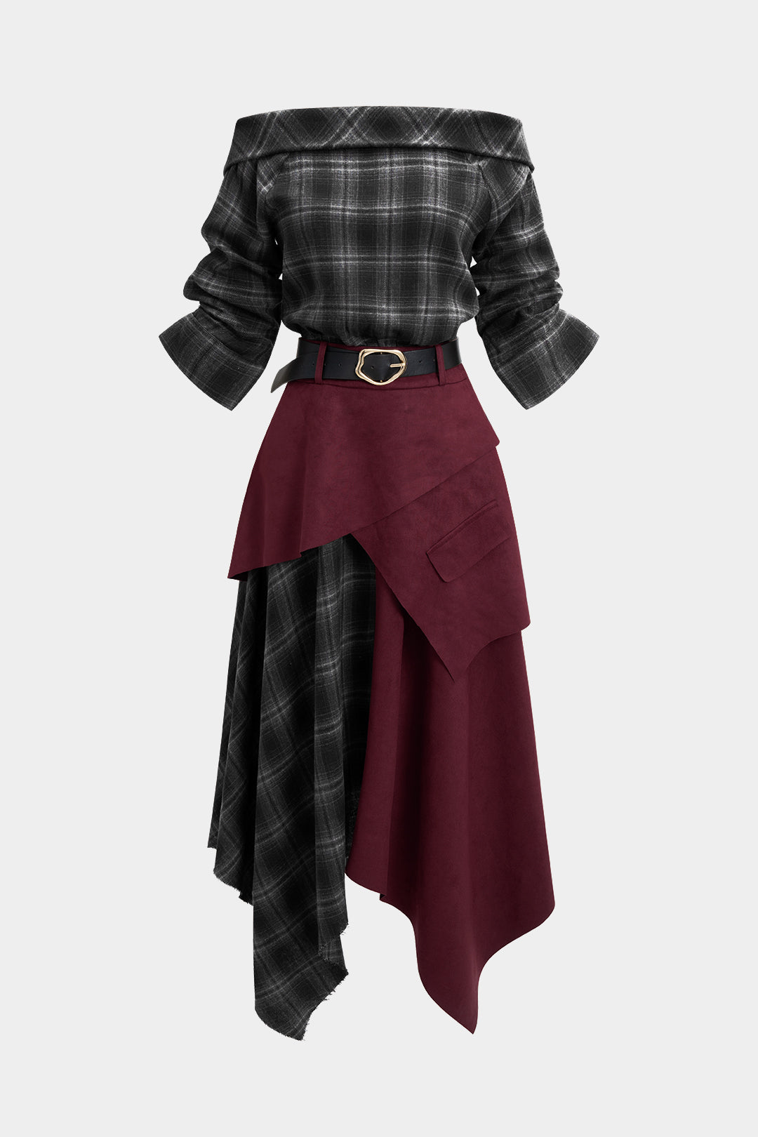 Plaid Print Suede Off Shoulder Zipper Belted Long Sleeve Midi Dress