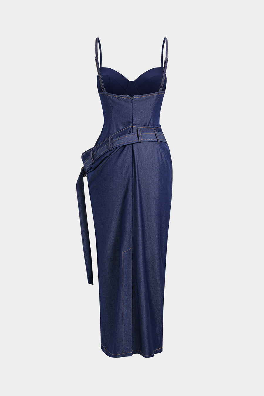 Denim-kangas, epäsymmetrinen, rypytetty bustier-malli, vyöllä varustettu, vetoketjullinen maksipuku