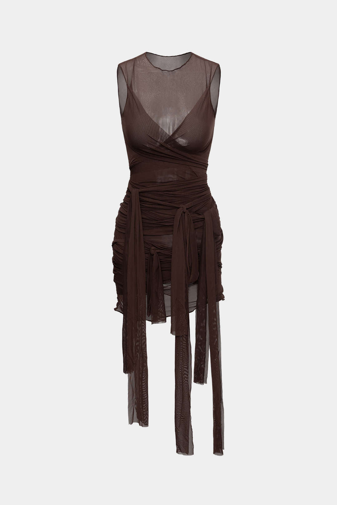 Sheer Mesh Wrap Tie Ribbon Midi Dress