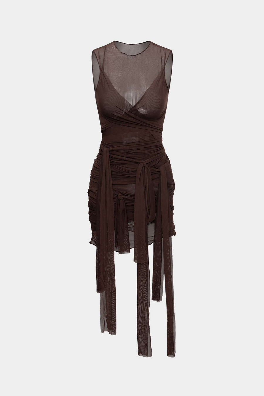 Sheer Mesh Wrap Tie Ribbon Midi Dress