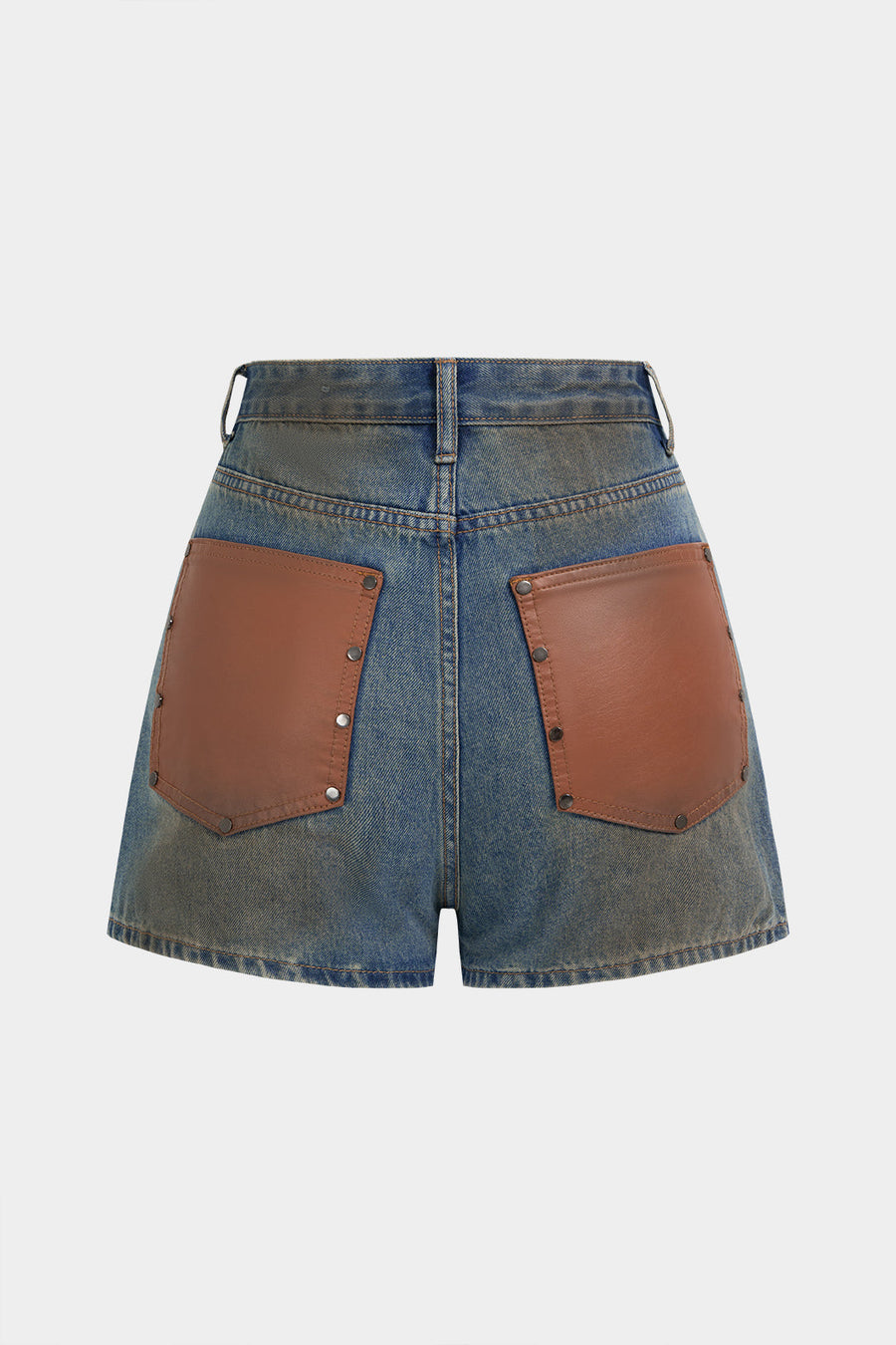 Denim Patchwork Faux Leather Pocket Wide Leg Shorts
