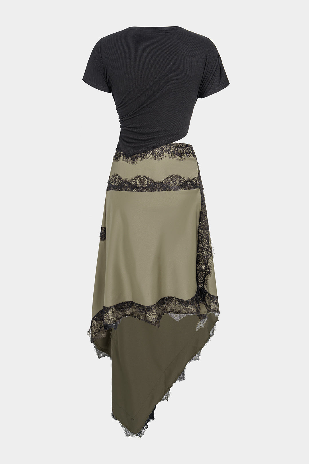 Lace Trim Asymmetrical Ruched Cut Out Short Sleeve Maxi Dress