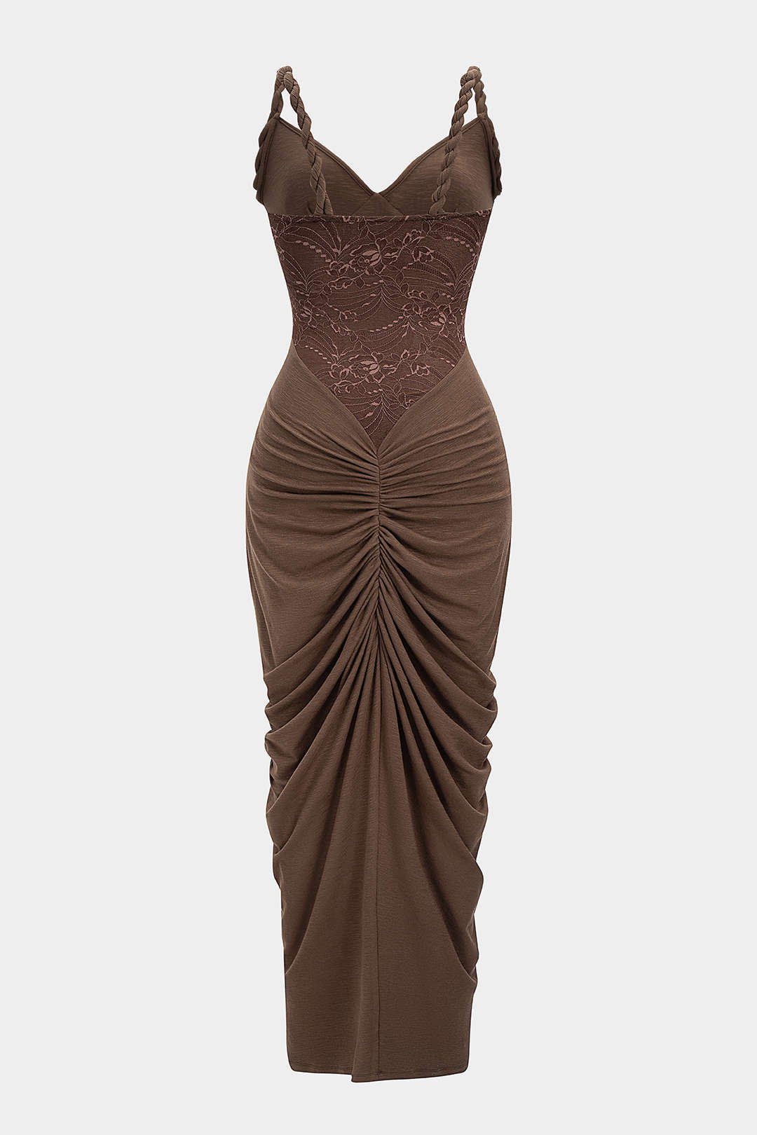 Lace Patchwork Ruched Twist Knot Slip Sleeveless Maxi Dress