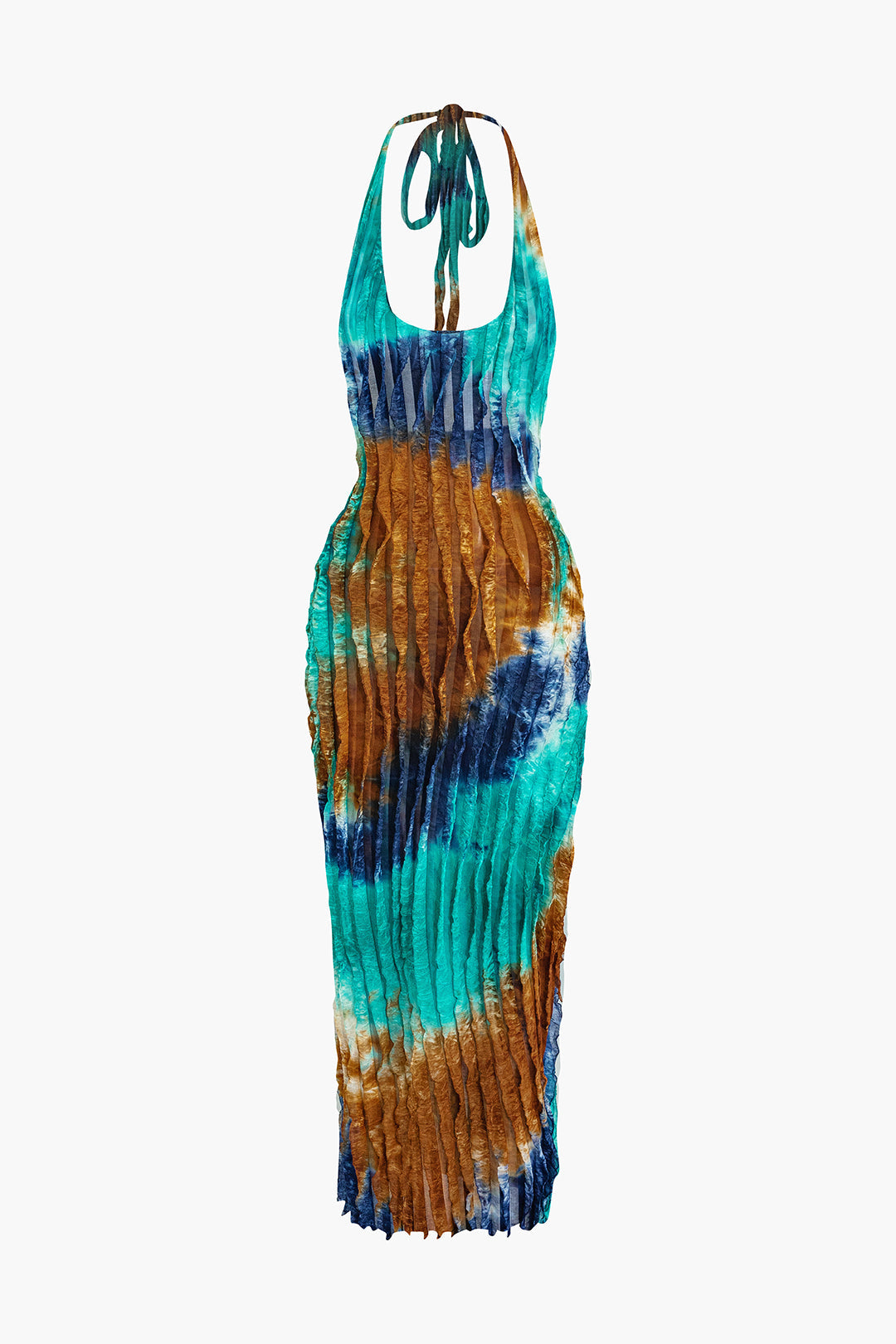 Sheer Mesh Ruffle Texture Halter Backless Maxi Dress