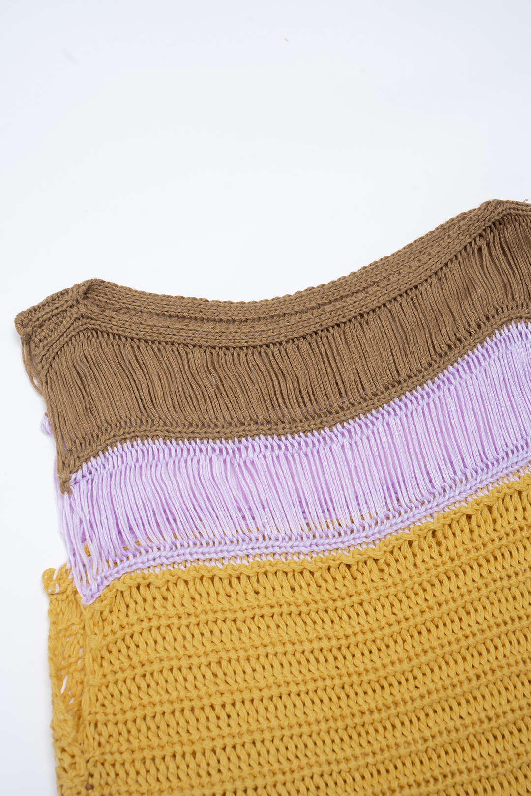 Open Knit Multicolor Round Neck Fringe Sleeveless Midi Dress