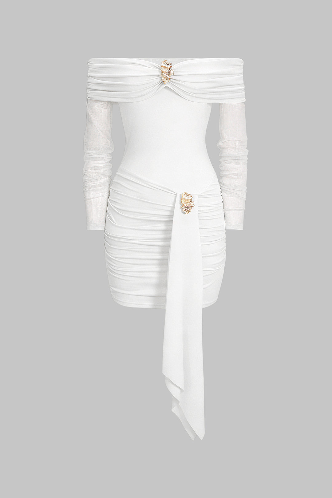 Off Shoulder Sheer Metallic Decor Ruched Long Sleeve Mini Dress