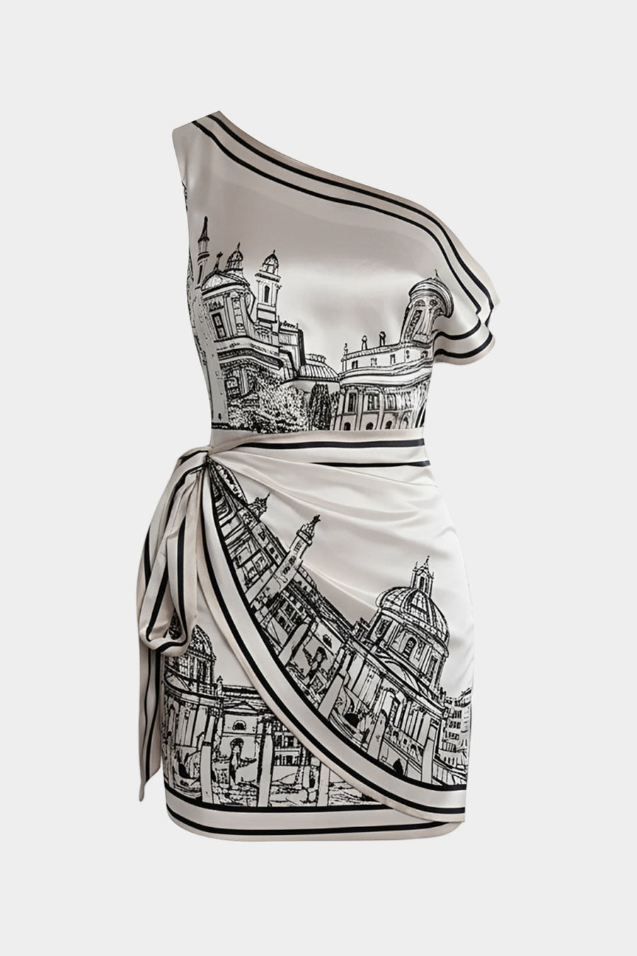 Pattern Print Satin One Shoulder Asymmetrical Tie-Up Sleeveless Midi Dress