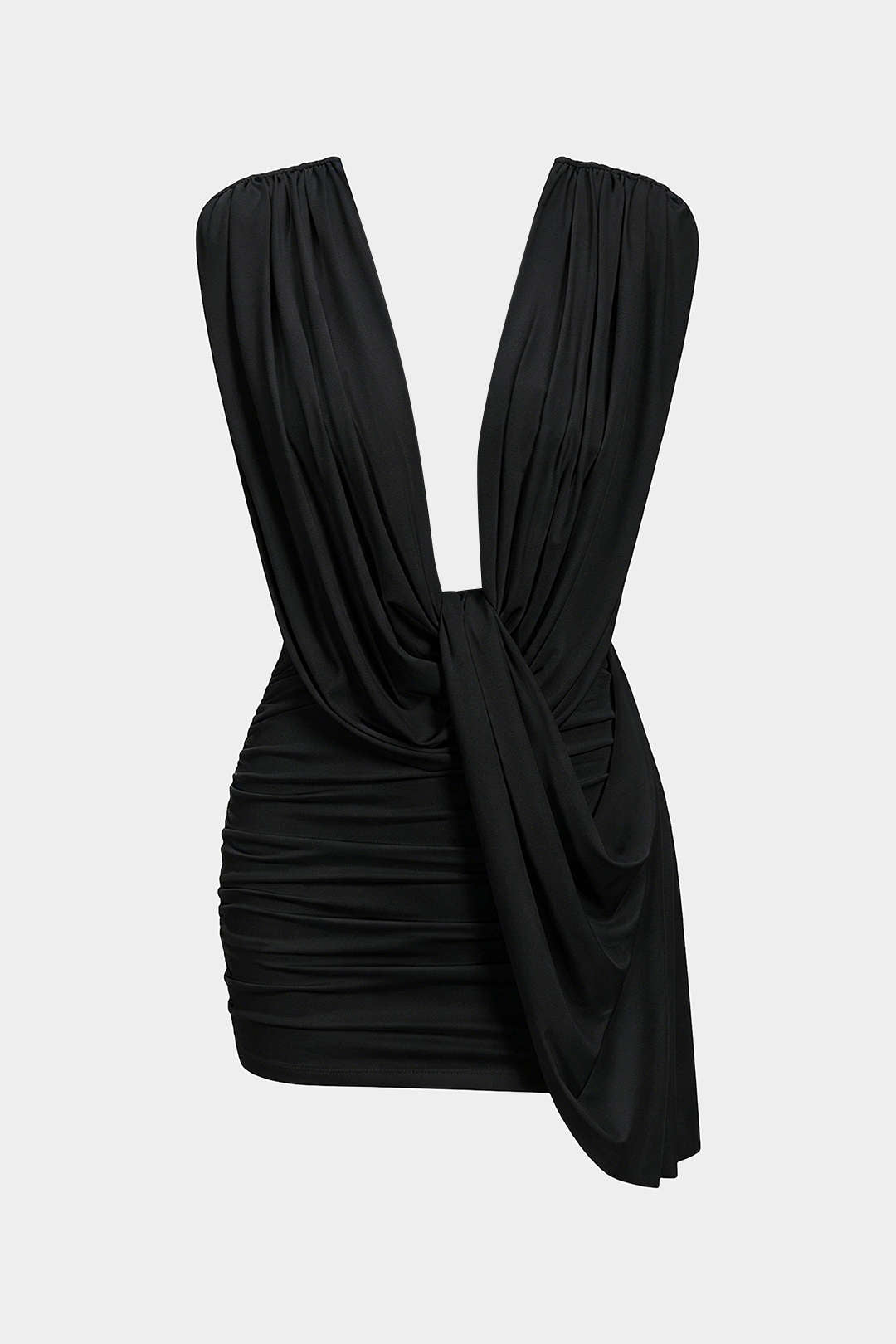 Ruched Draped Cowl Neck Asymmetrical Sleeveless Mini Dress