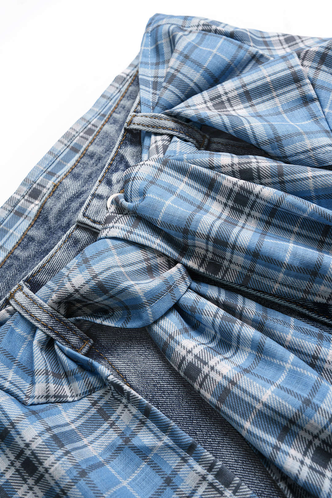 Denim Plaid Print Tie-Up Pocket High Waist Jeans