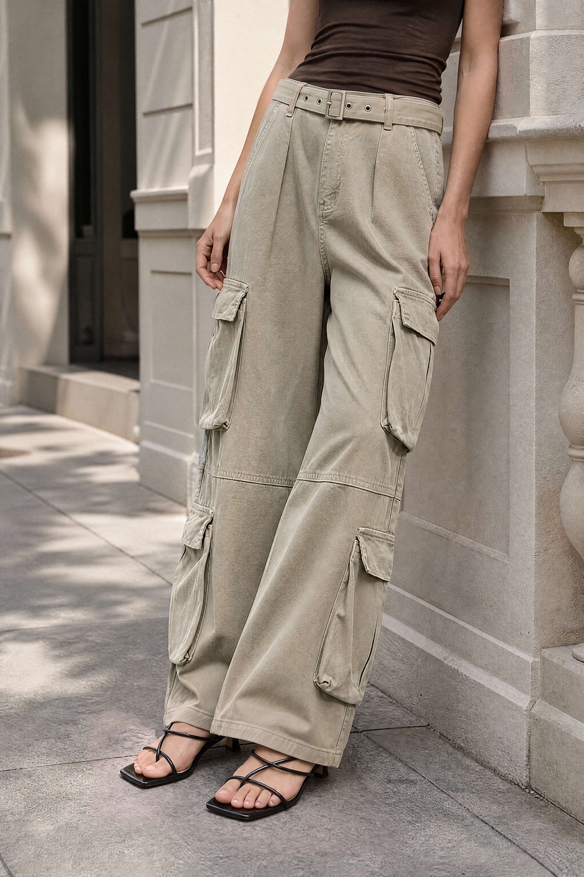 Denim Belted Pocket Wide Leg Jeans