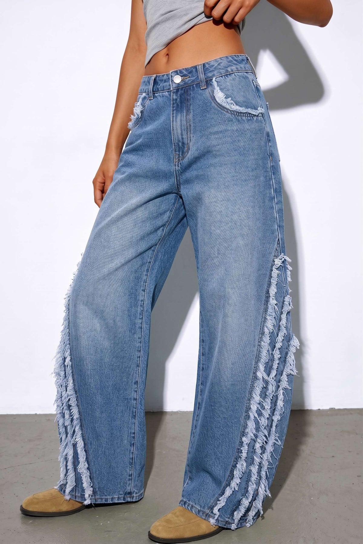 Denim Frayed Wide Leg Jeans