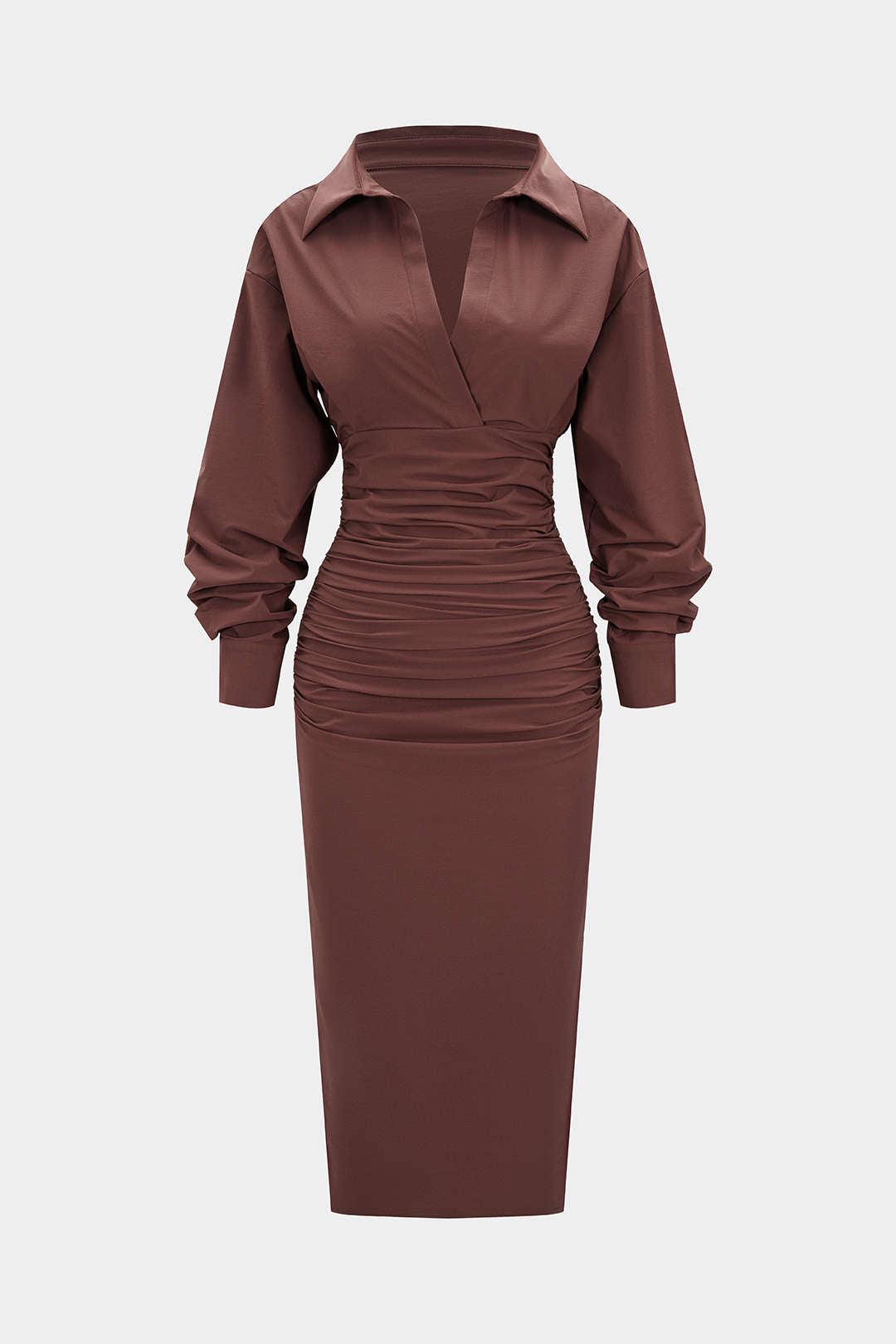 Solid Ruched Long Sleeve Midi Dress