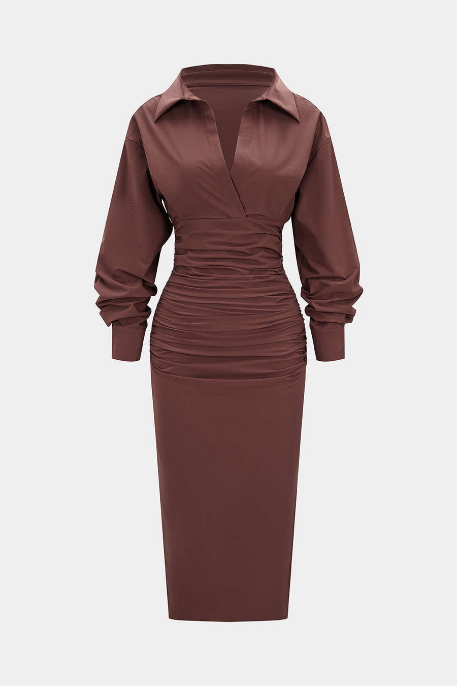 Solid Ruched Long Sleeve Midi Dress