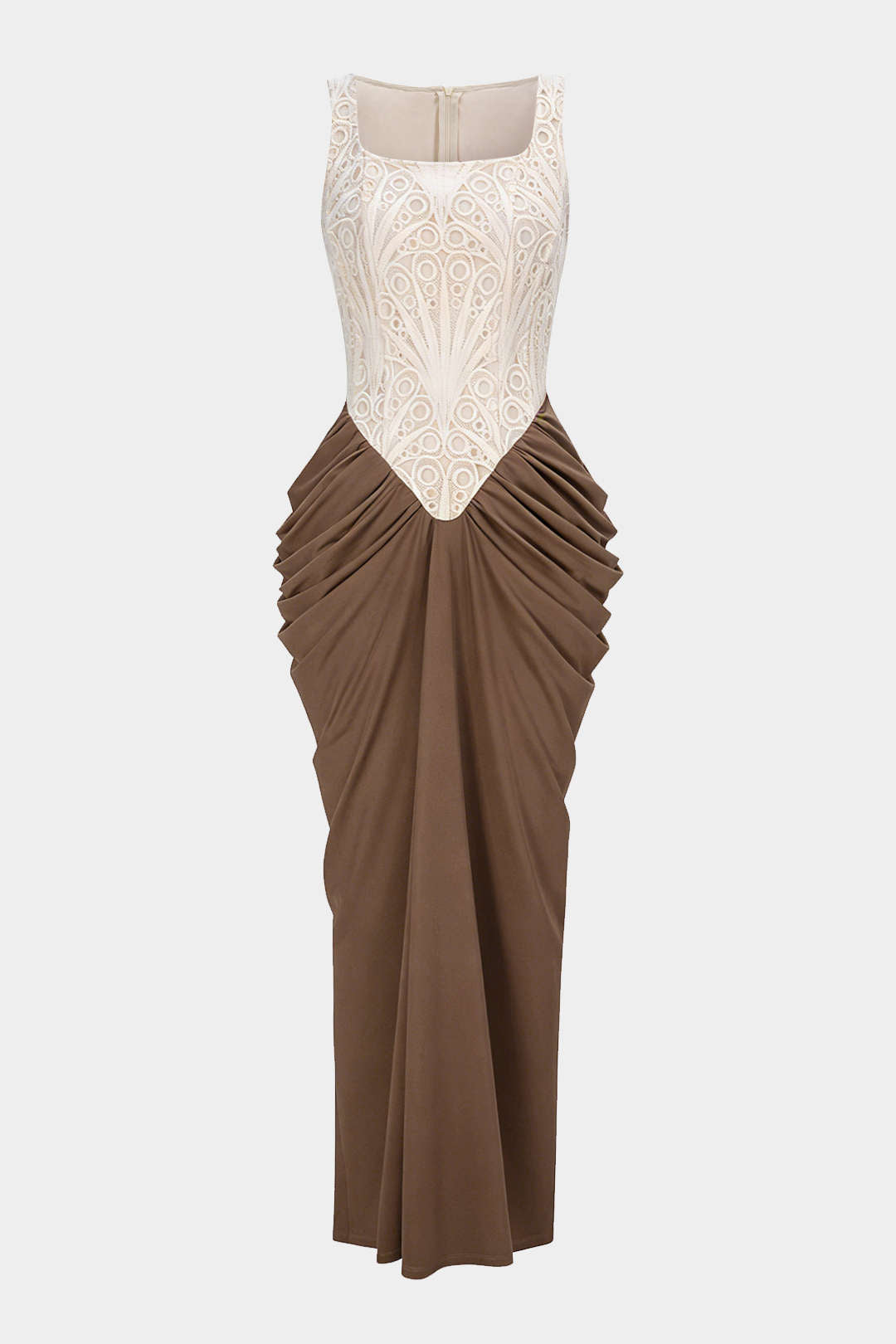 Embroidery Patchwork Square Neck Ruched Sleeveless Maxi Dress