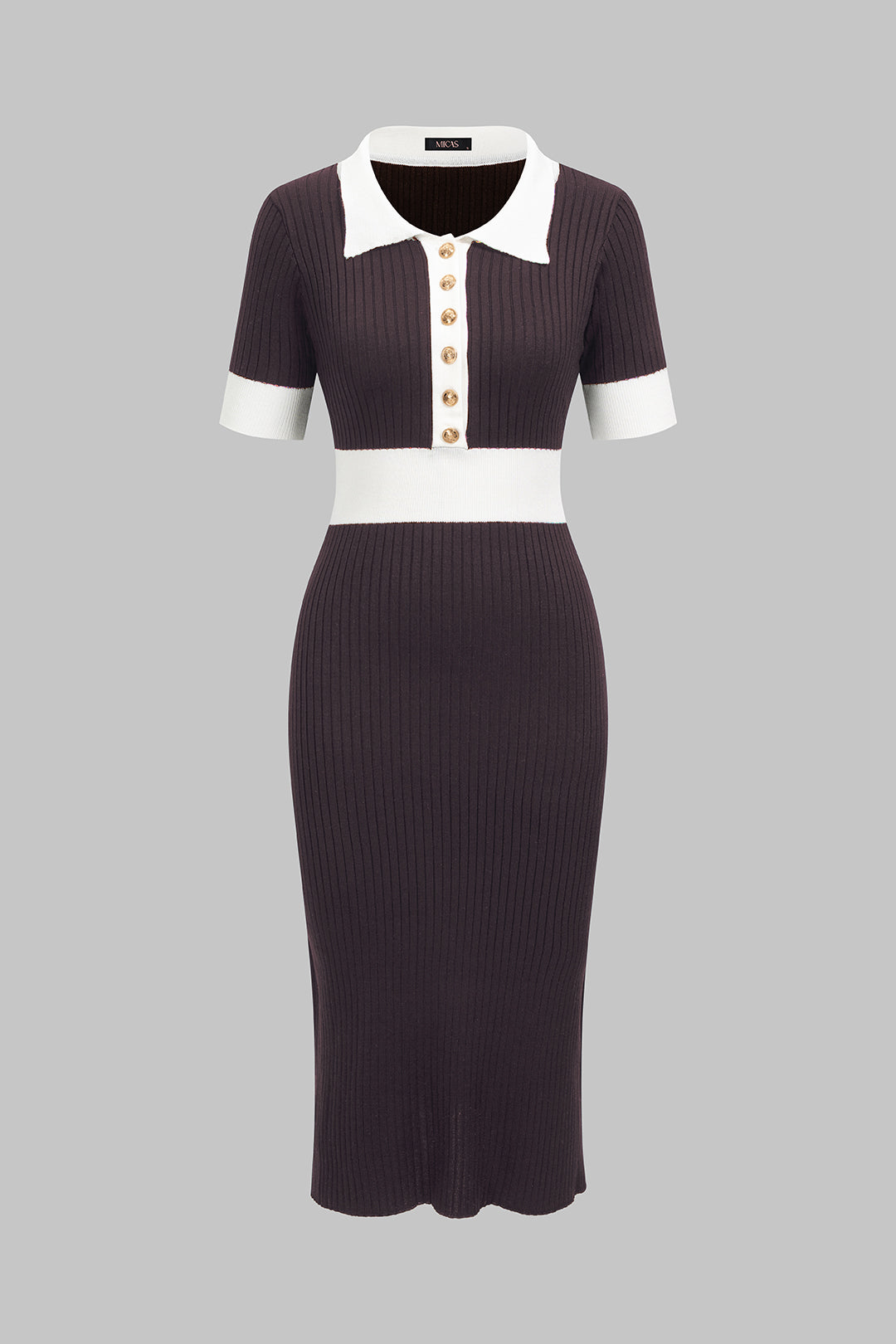 Knit Contrast Polo Collar Button Short Sleeve Midi Dress