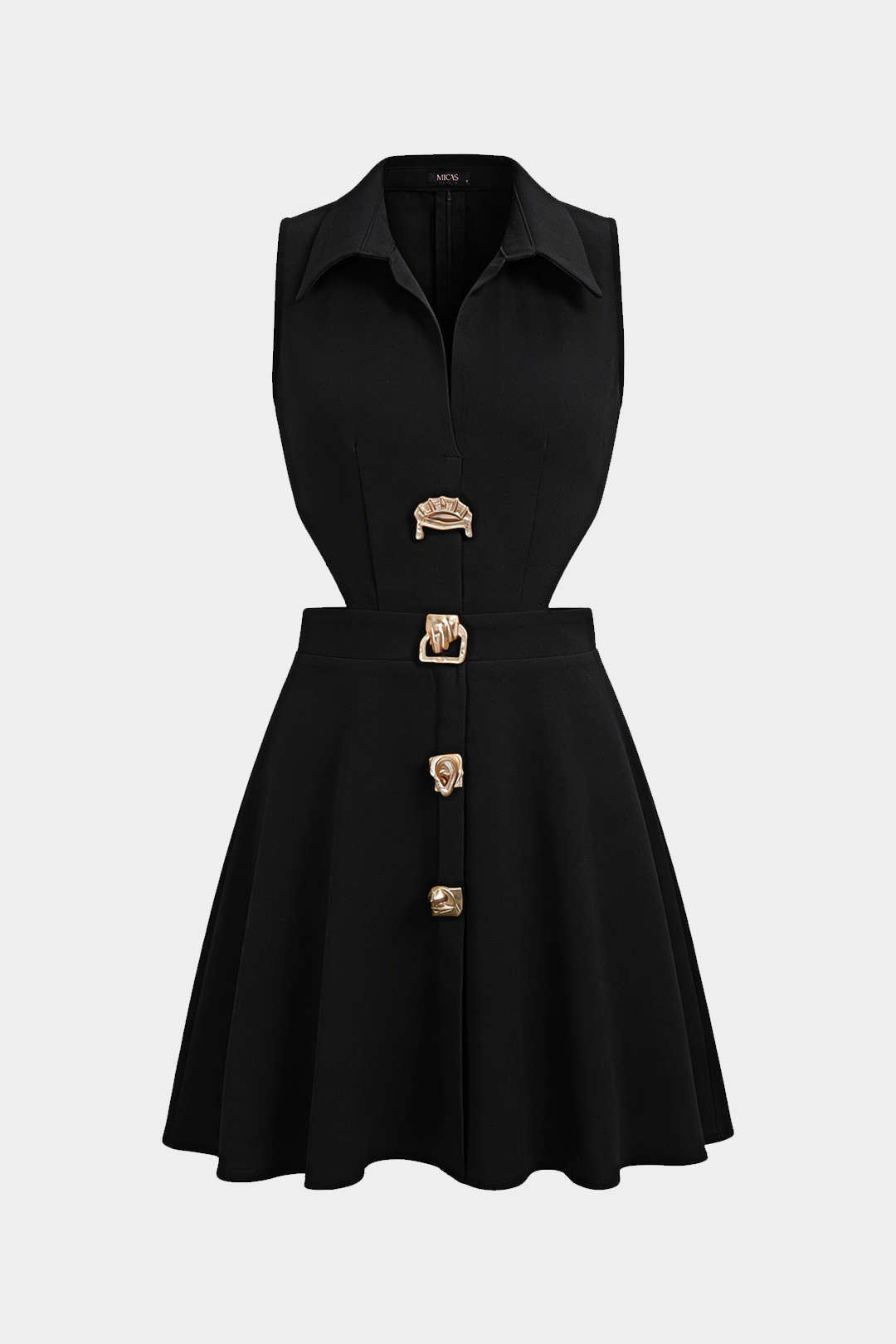 Lapel Metallic Irregular Button Cut Out Sleeveless Mini Dress