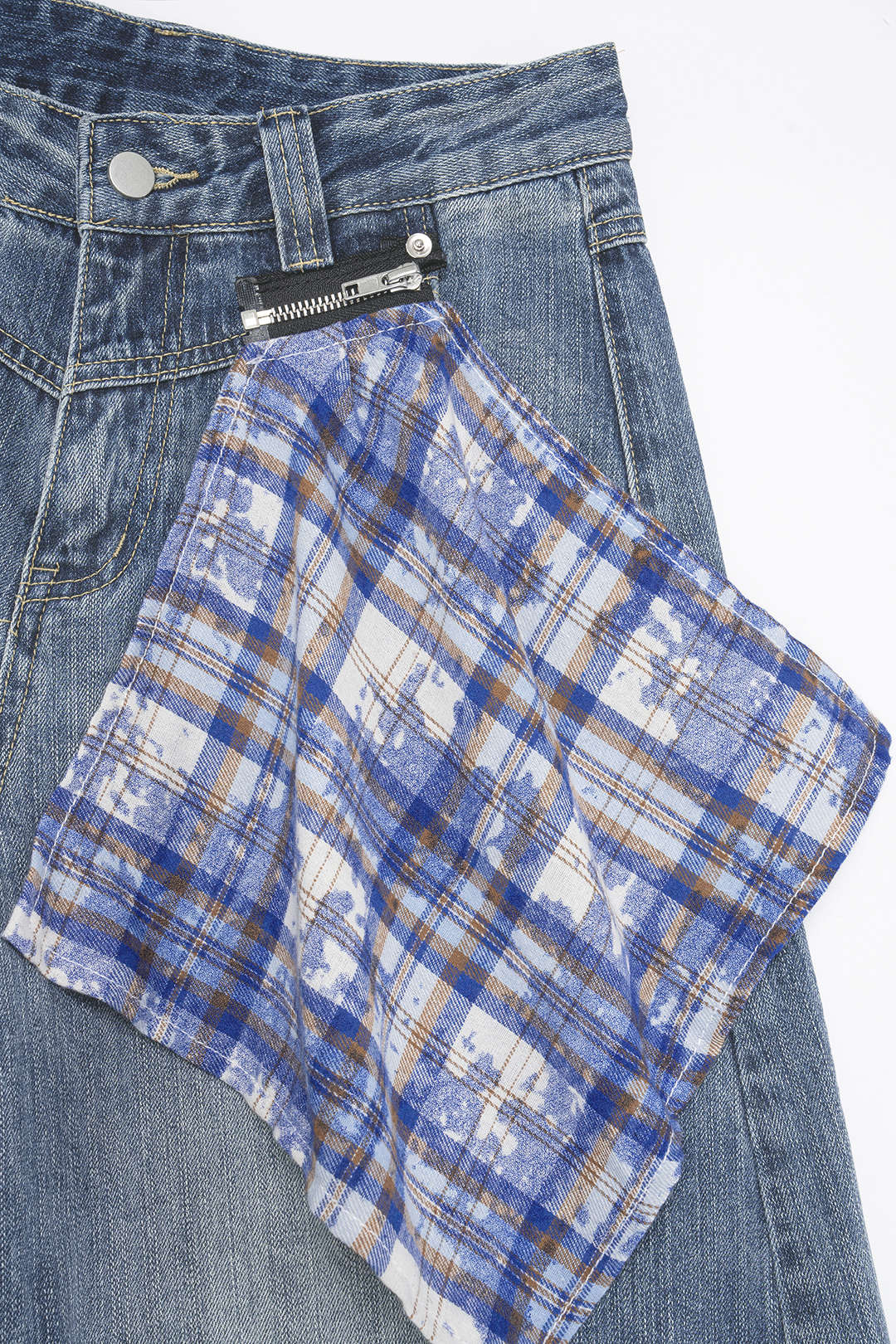 Denim Patchwork Plaid Barrel Jeans
