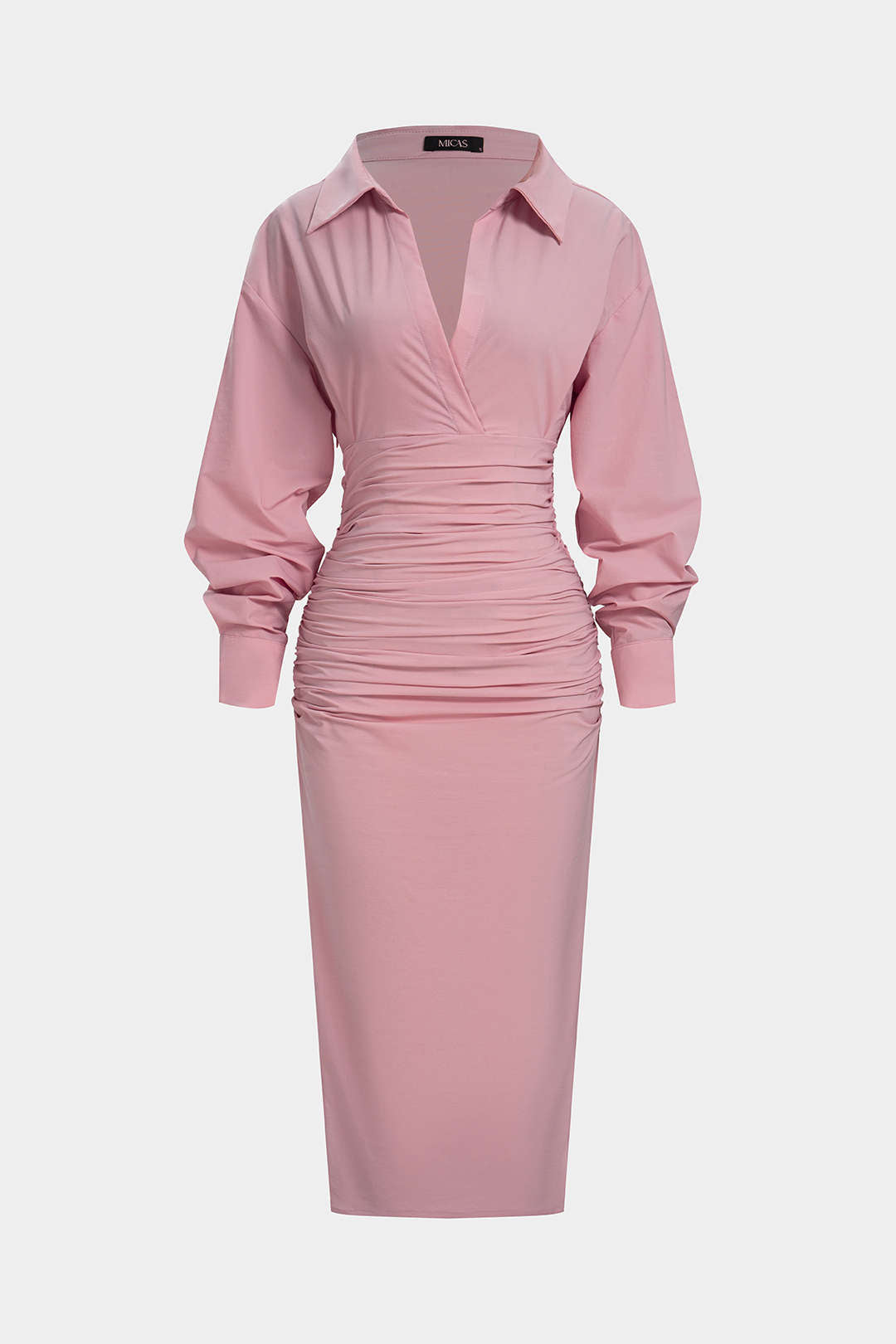 Solid Ruched Long Sleeve Midi Dress