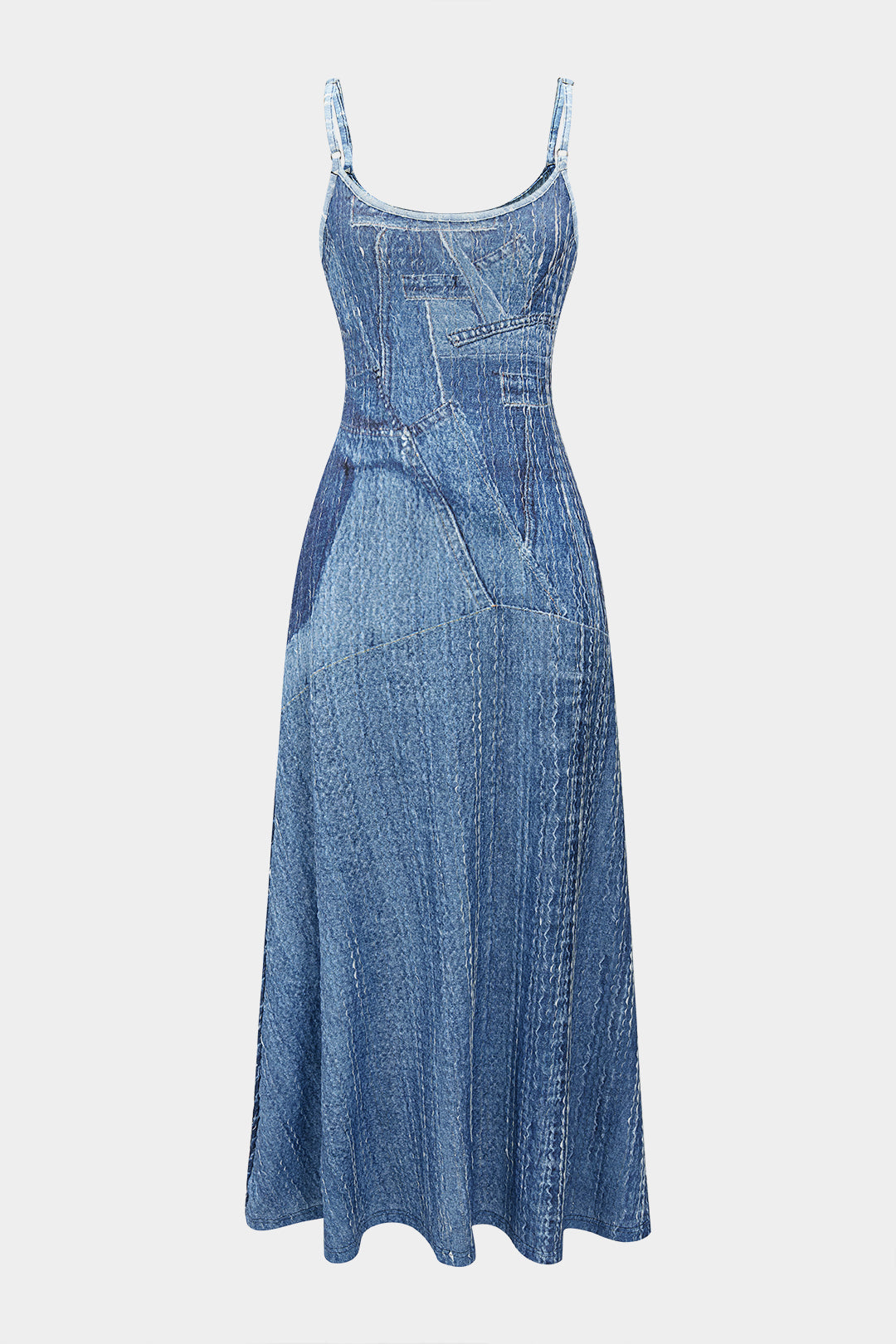 Denim-kuvioinen hihaton maksipuku