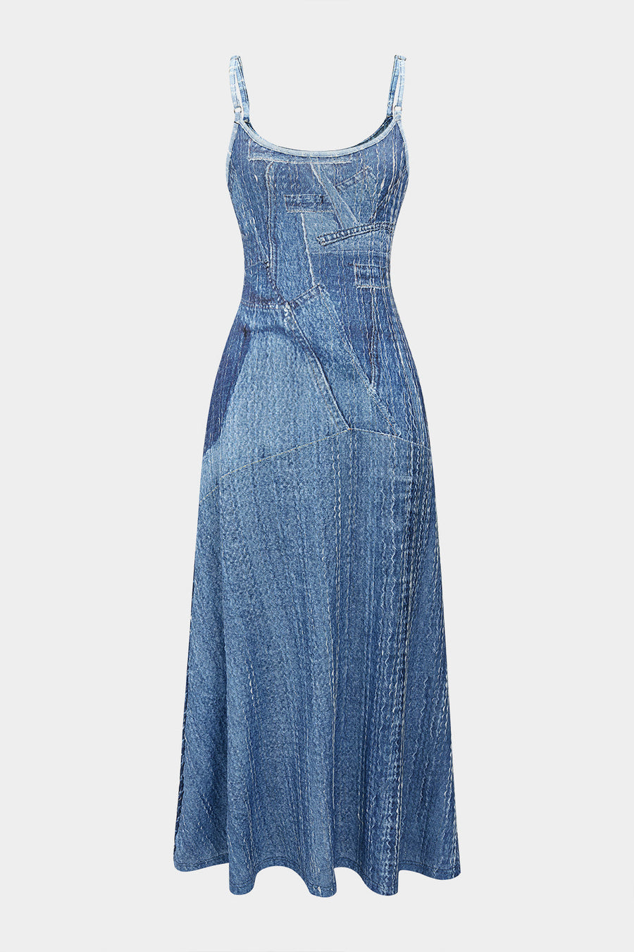 Denim-kuvioinen hihaton maksipuku