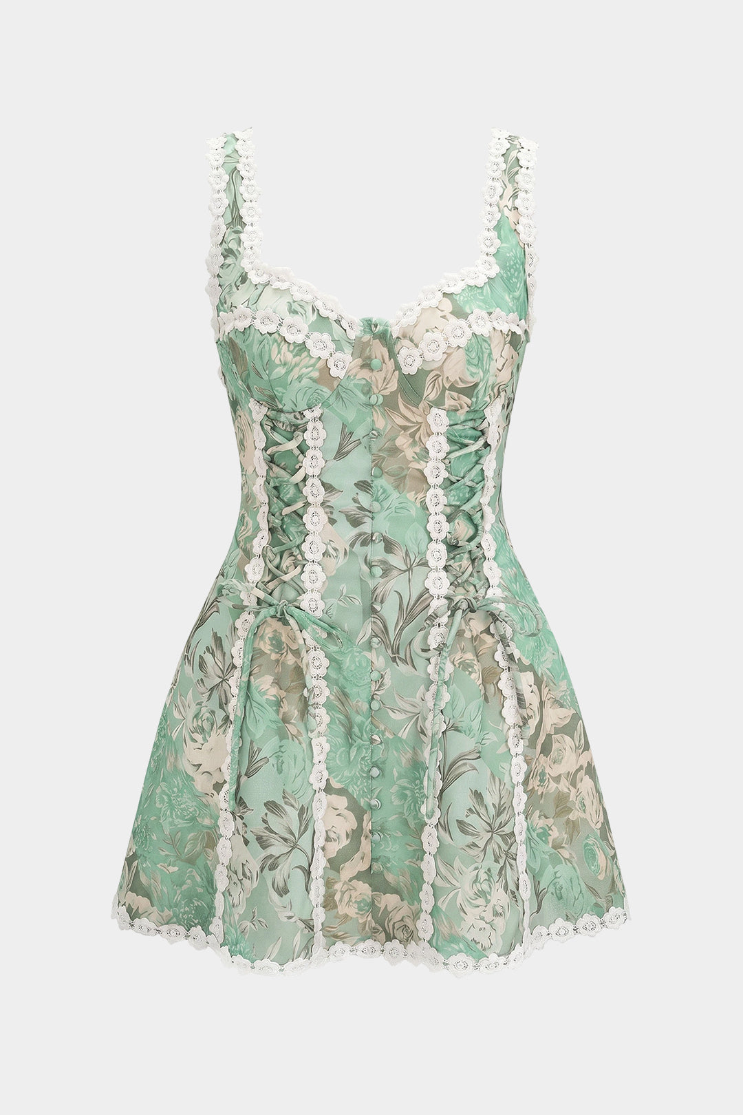 Floral Print Linen Tie Front Contrast Whipstitching Sleeveless Mini Dress
