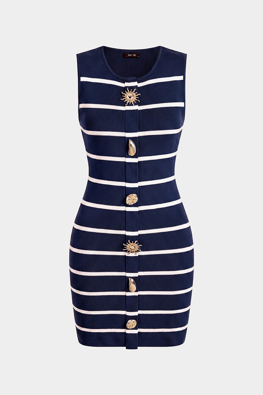 Knit Stripes Print Irregular Metallic Button Sleeveless Mini Dress