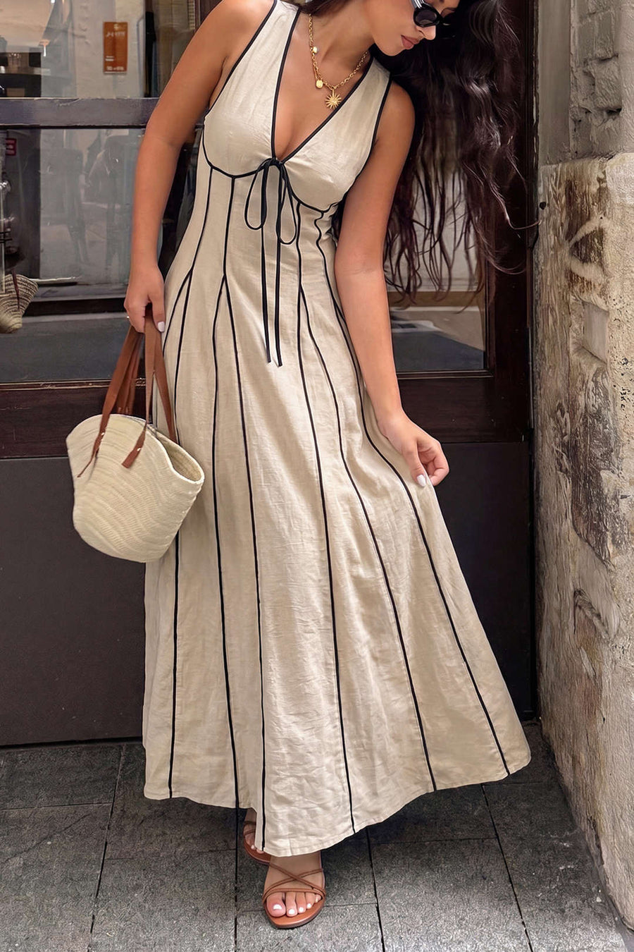 Contrast Binding V-Neck Tie-Up Sleeveless Maxi Dress