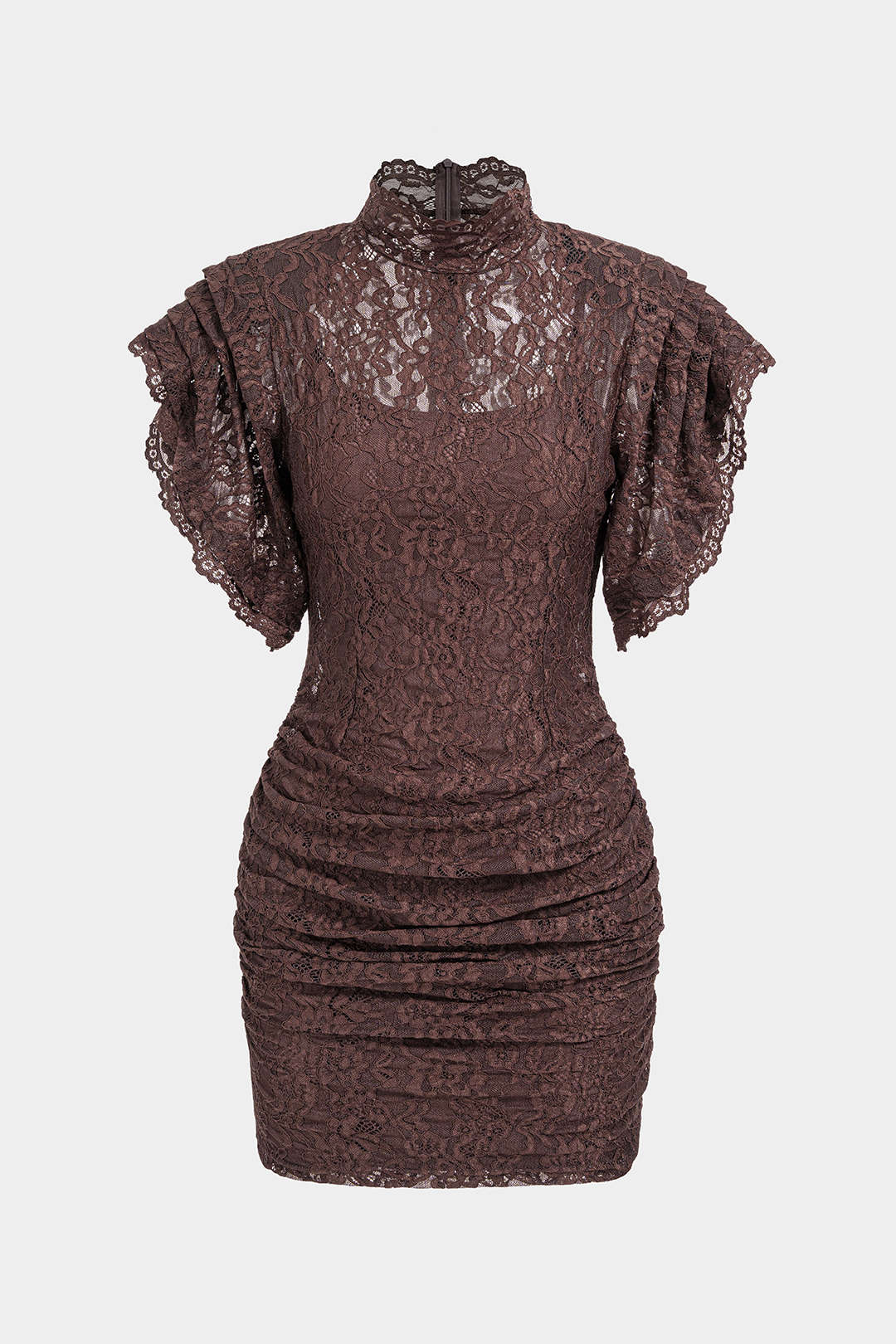 Sheer Lace Mock Neck Ruched Short Sleeve Mini Dress