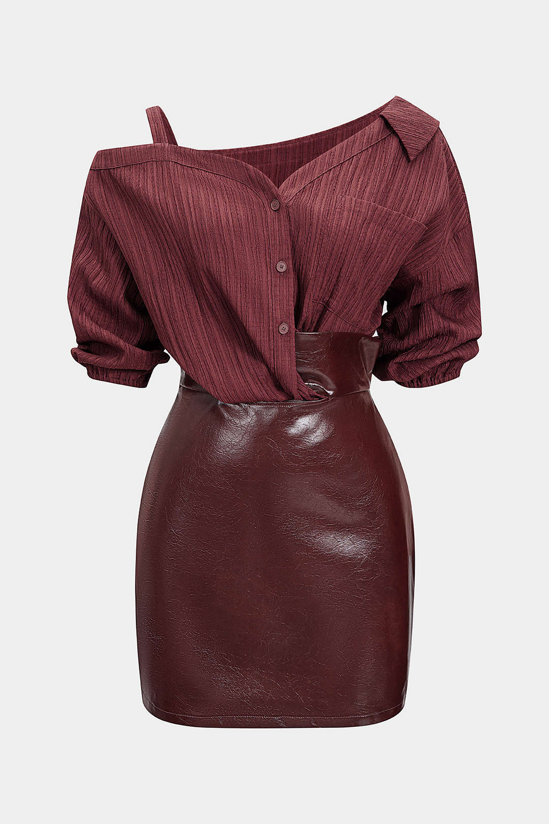Faux Leather Patchwork Asymmetrical Short Sleeve Mini Dress