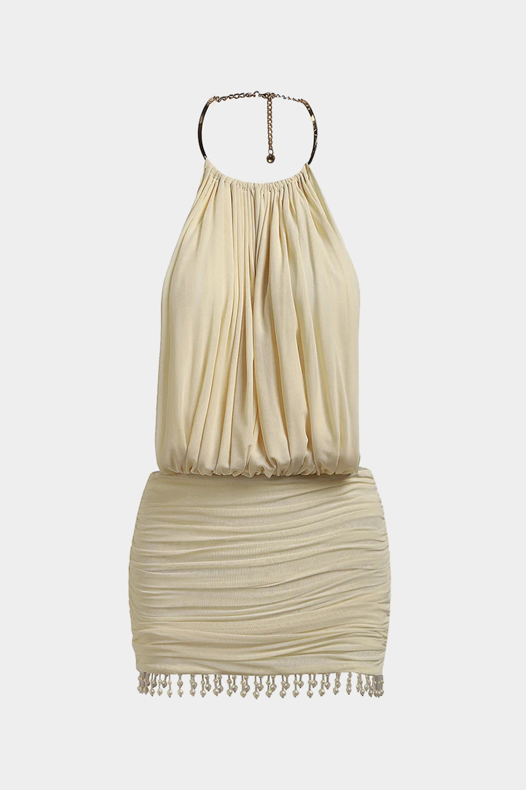 Mesh Halter Neck Pearl Decor Ruched Sleeveless Mini Dress