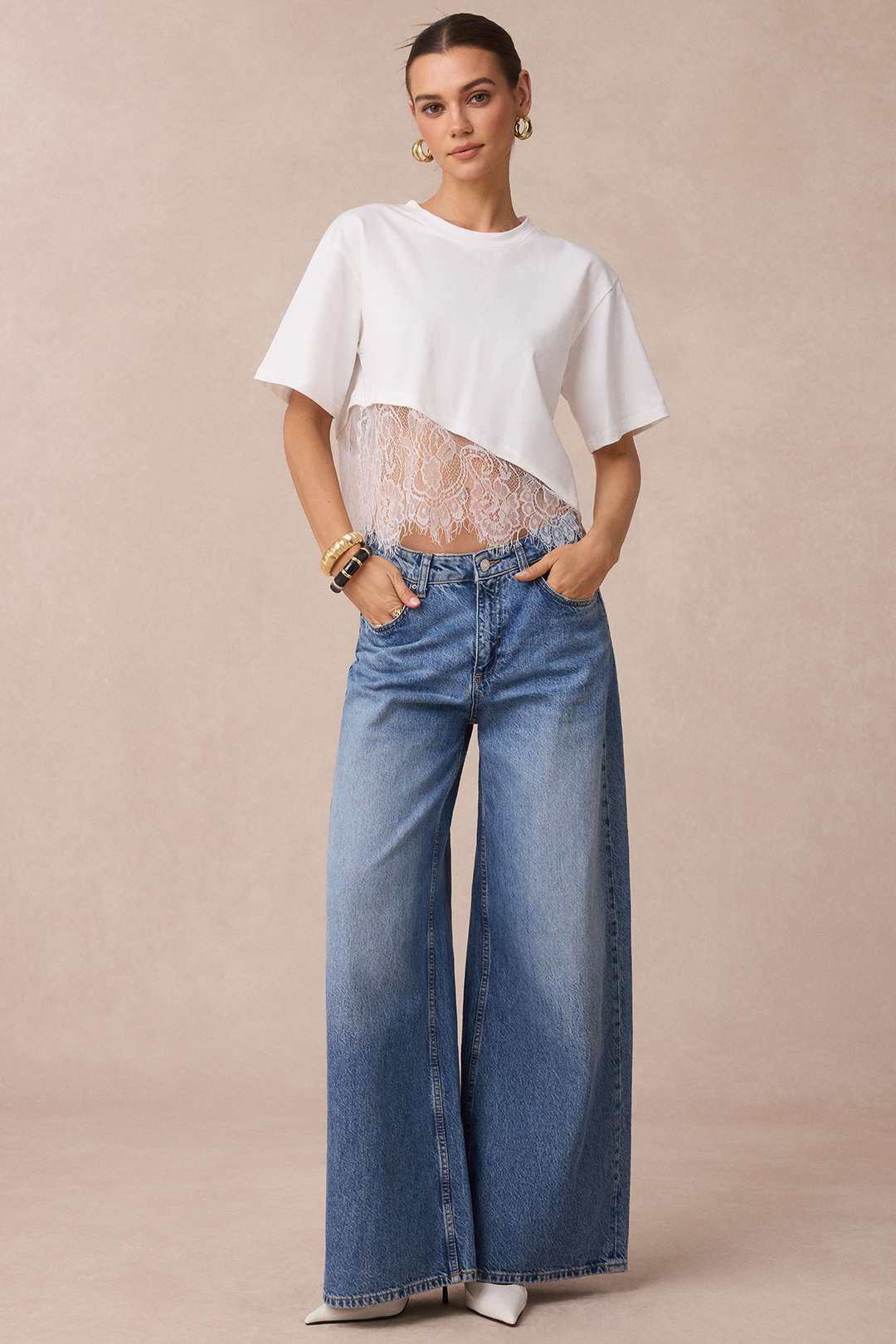 Patchwork Lace Round Neck Short Sleeve T-Shirt