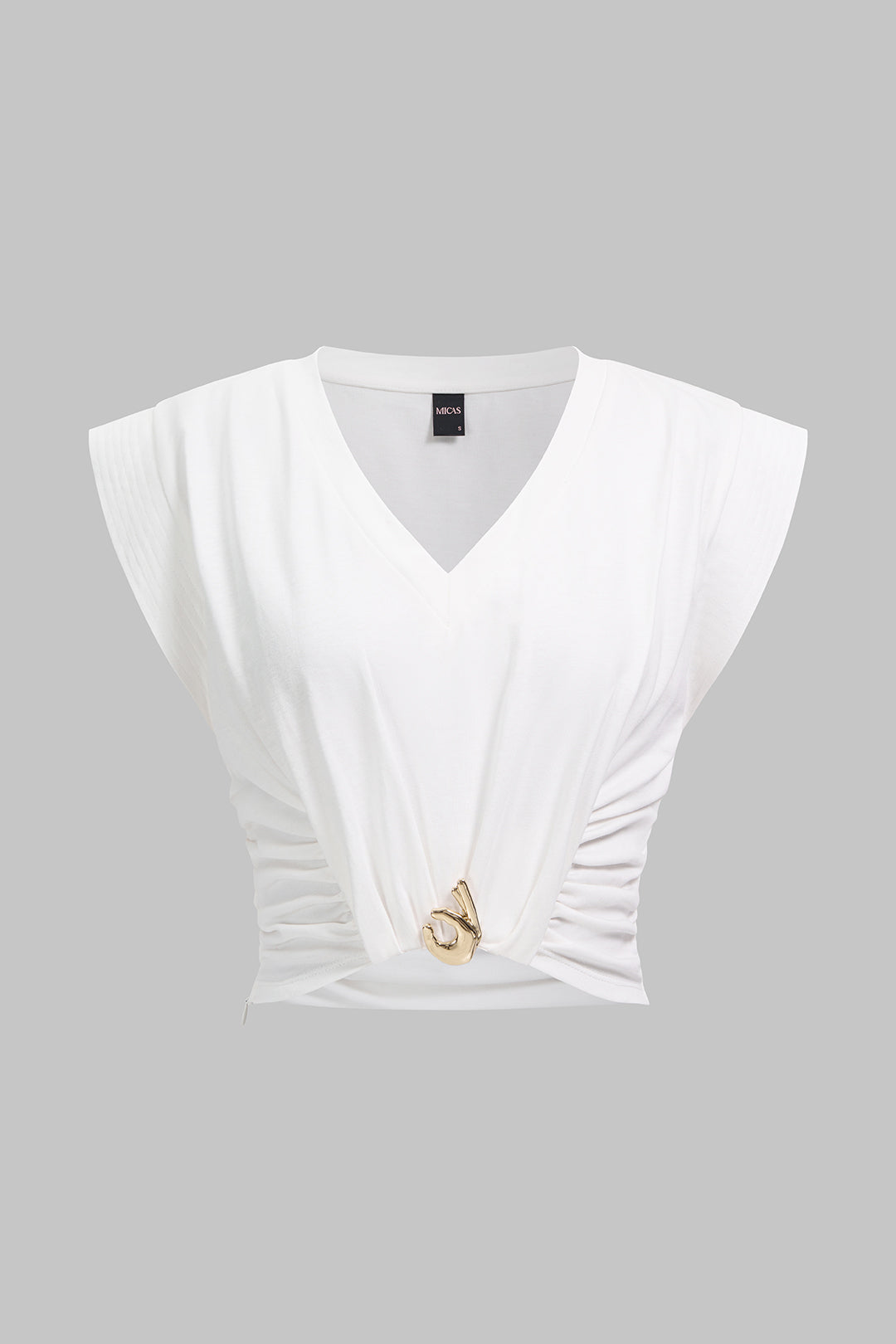 V-Neck Metallic Ruched Short Sleeve T-Shirt