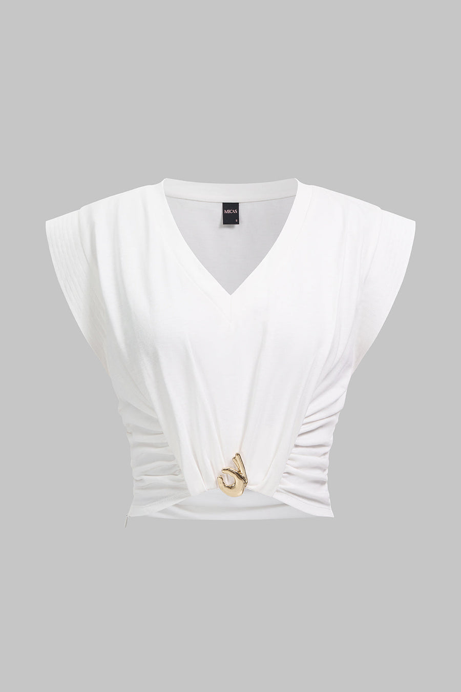 V-Neck Metallic Ruched Short Sleeve T-Shirt