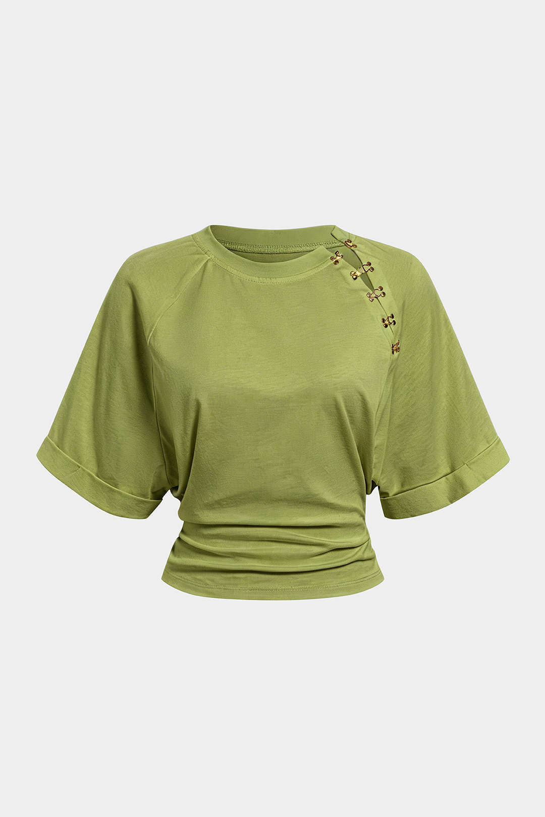 Metallic Buckle Round Neck Short Sleeve T-Shirt