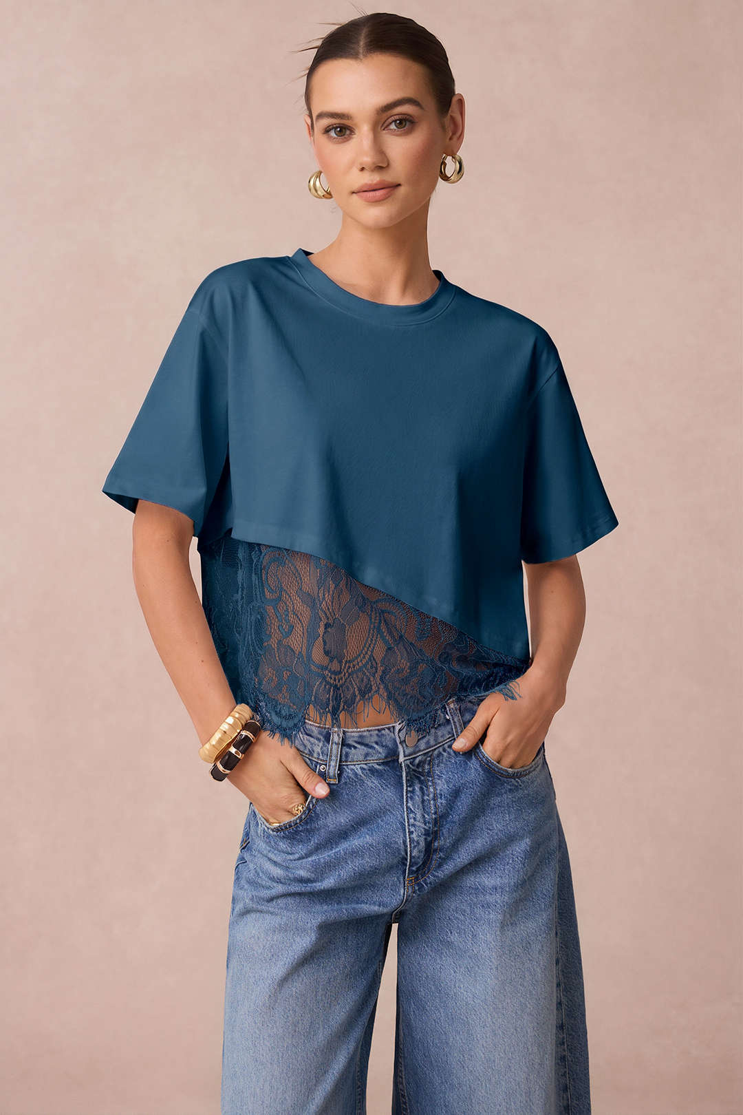 Patchwork Lace Round Neck Short Sleeve T-Shirt