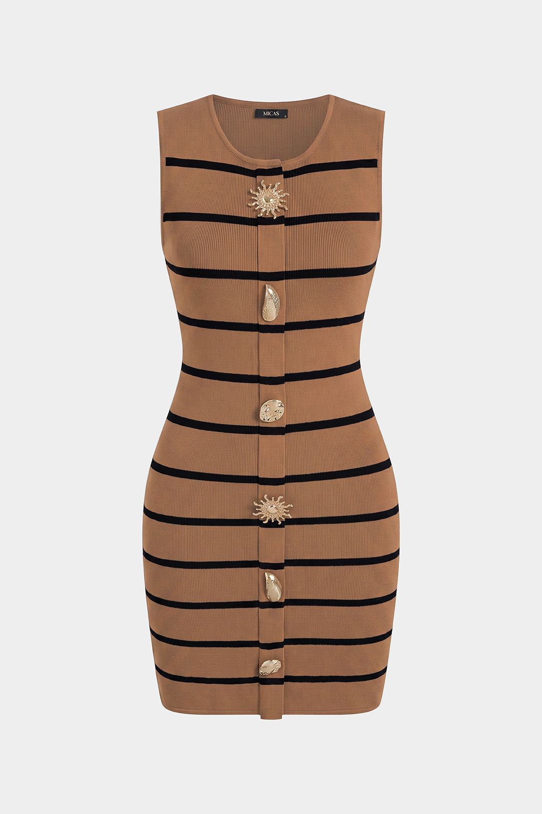 Knit Stripes Print Irregular Metallic Button Sleeveless Mini Dress