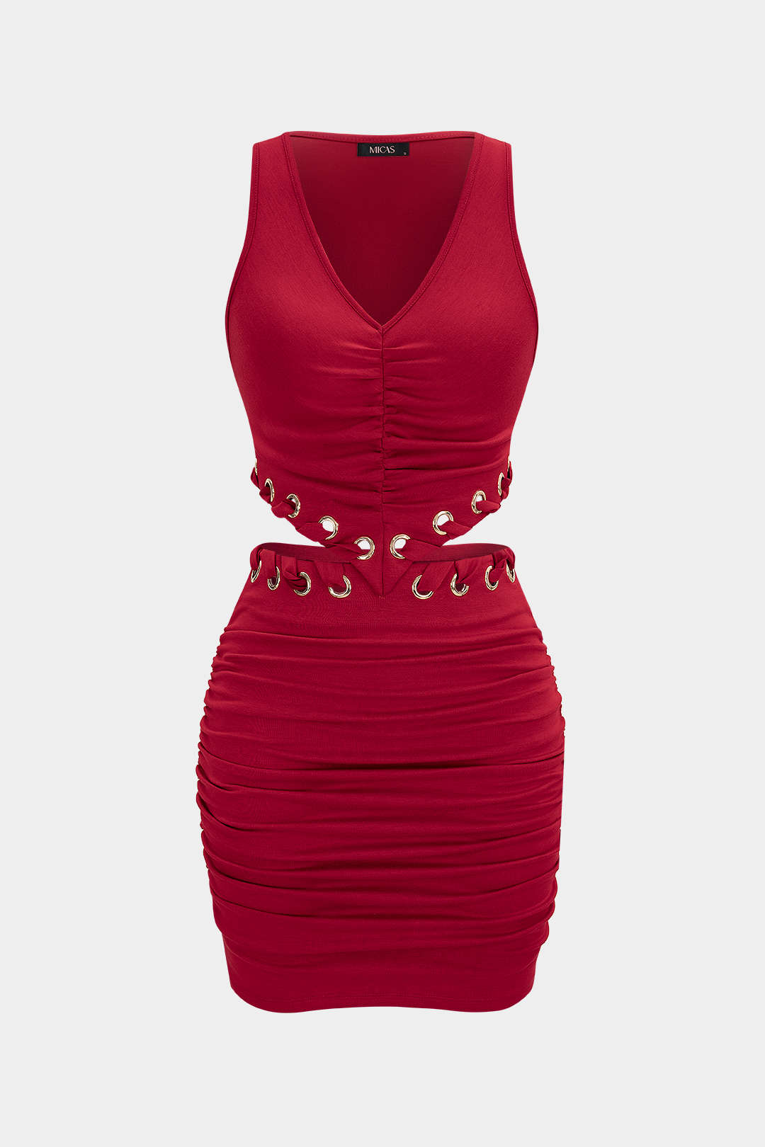 V-Neck Eyelet Cut Out Ruched Sleeveless Mini Dress