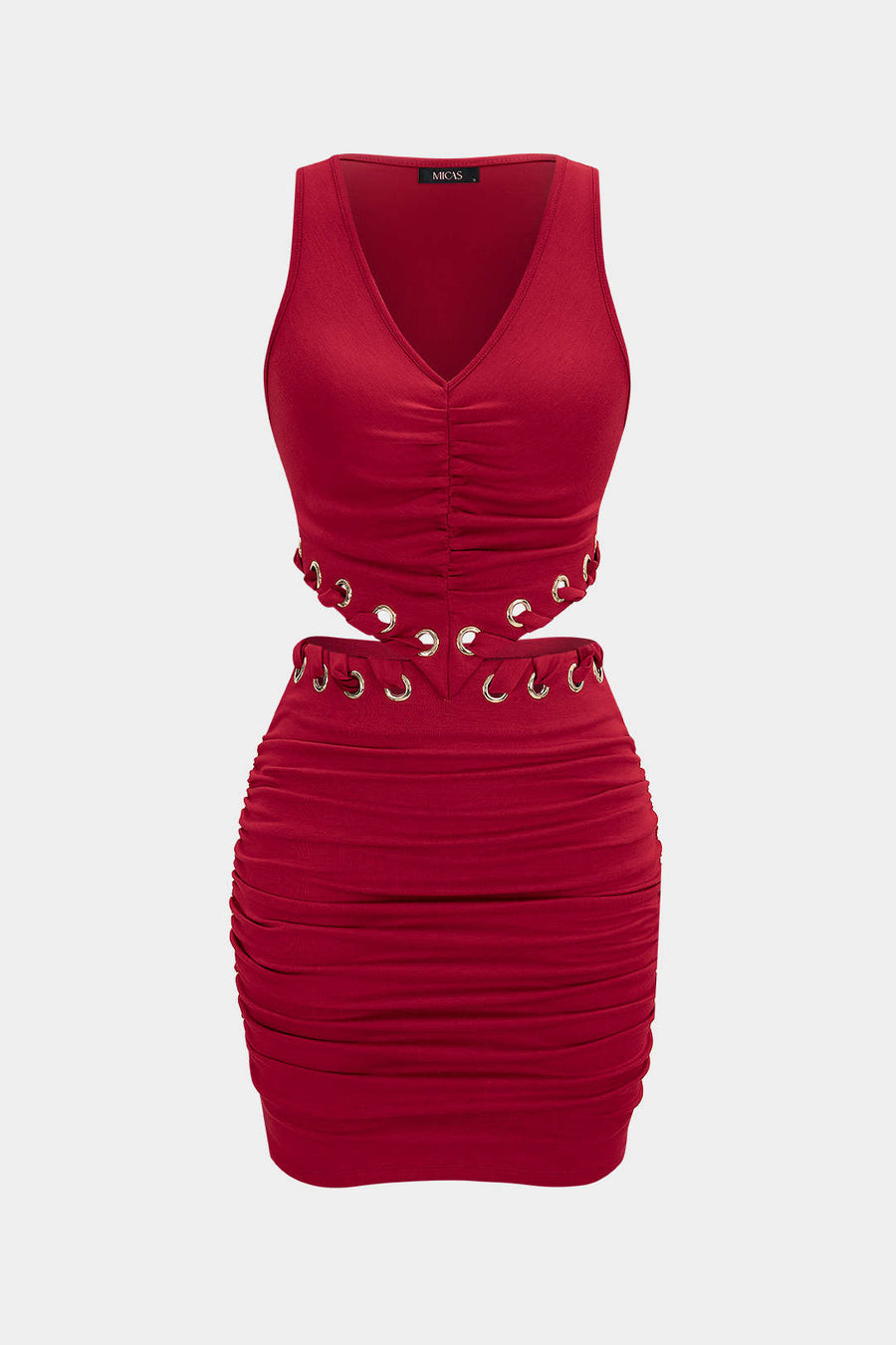 V-Neck Eyelet Cut Out Ruched Sleeveless Mini Dress