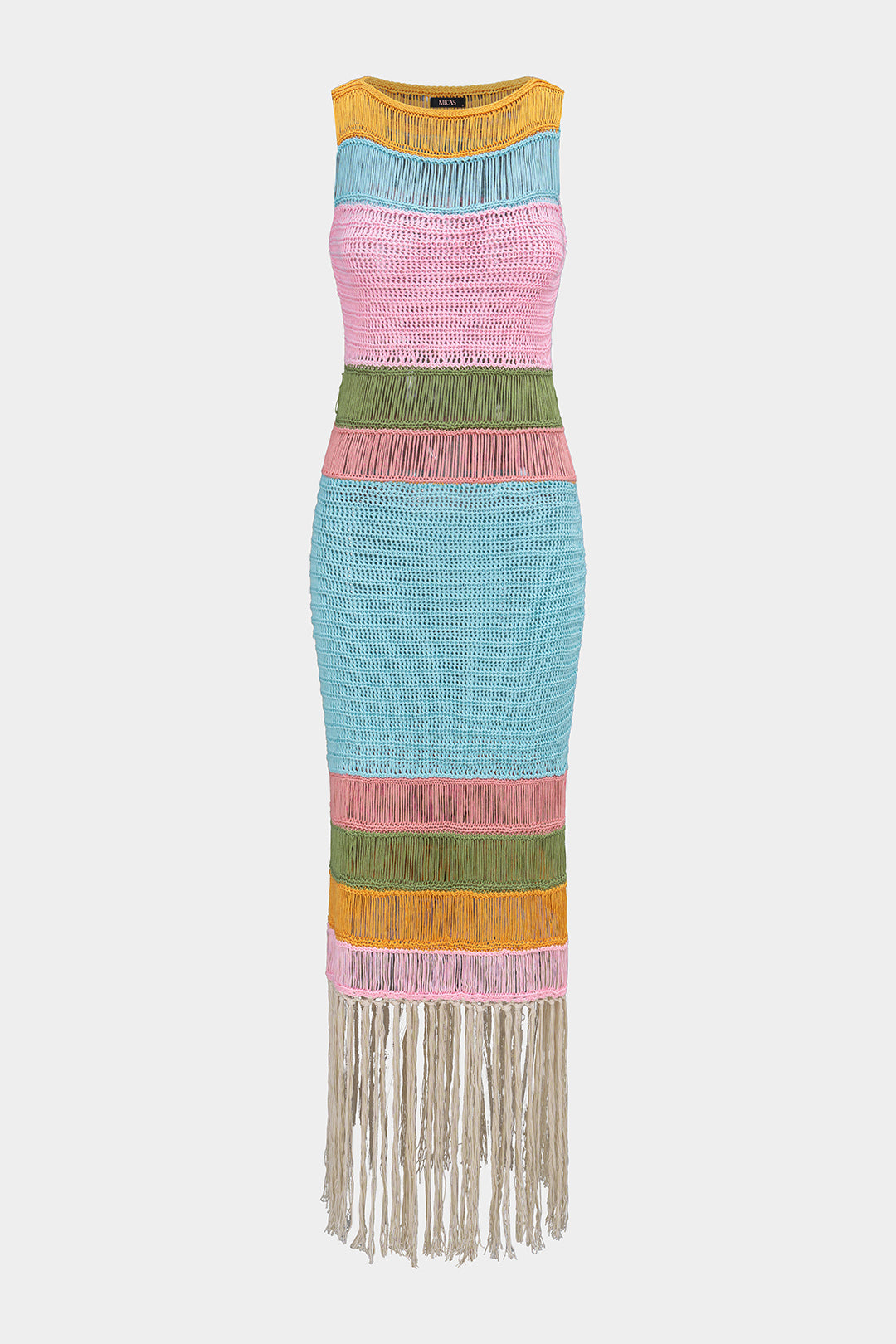 Open Knit Multicolor Round Neck Fringe Sleeveless Midi Dress