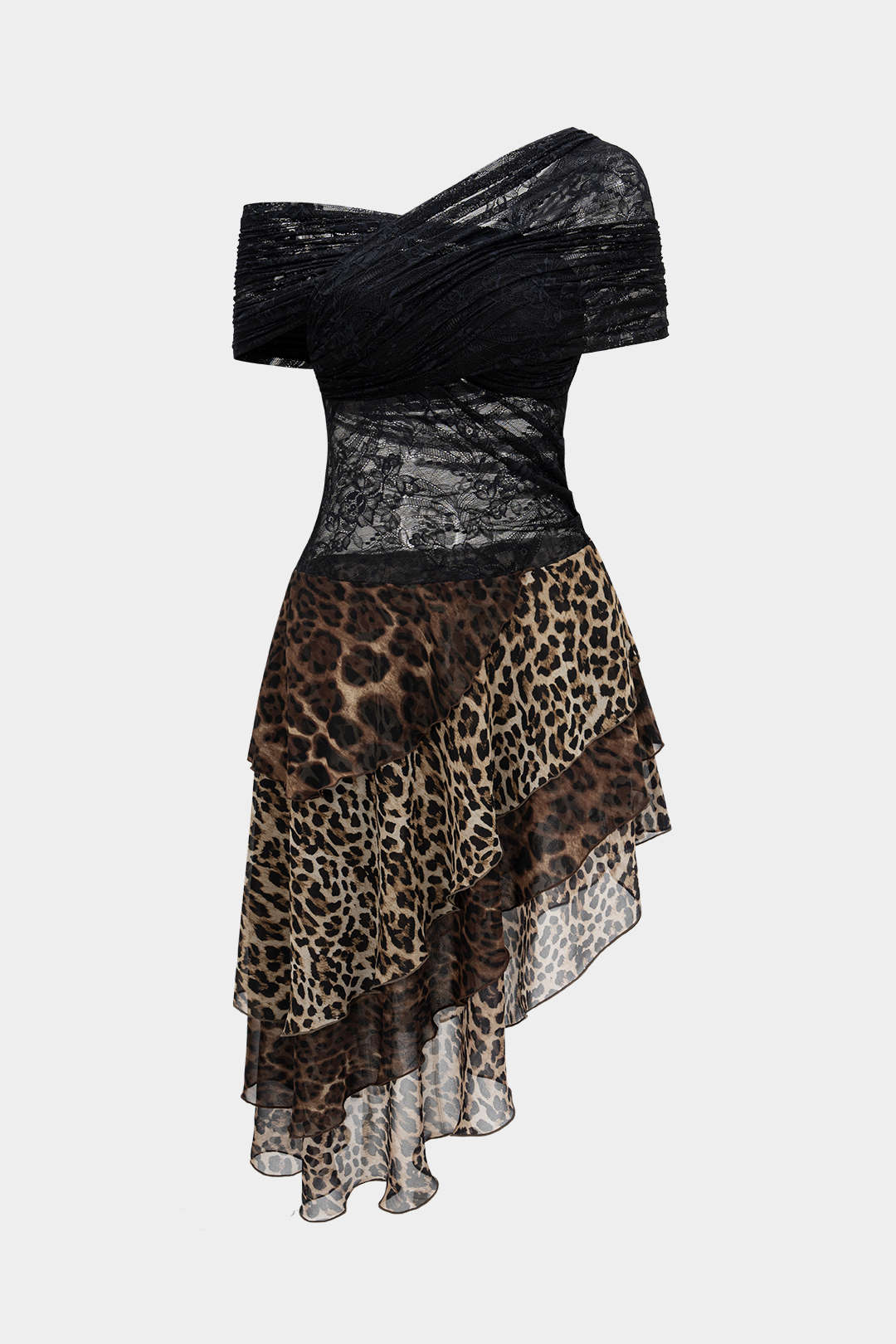 Leopard Print Lace Patchwork Asymmetrical Hem Sleeveless Mini Dress