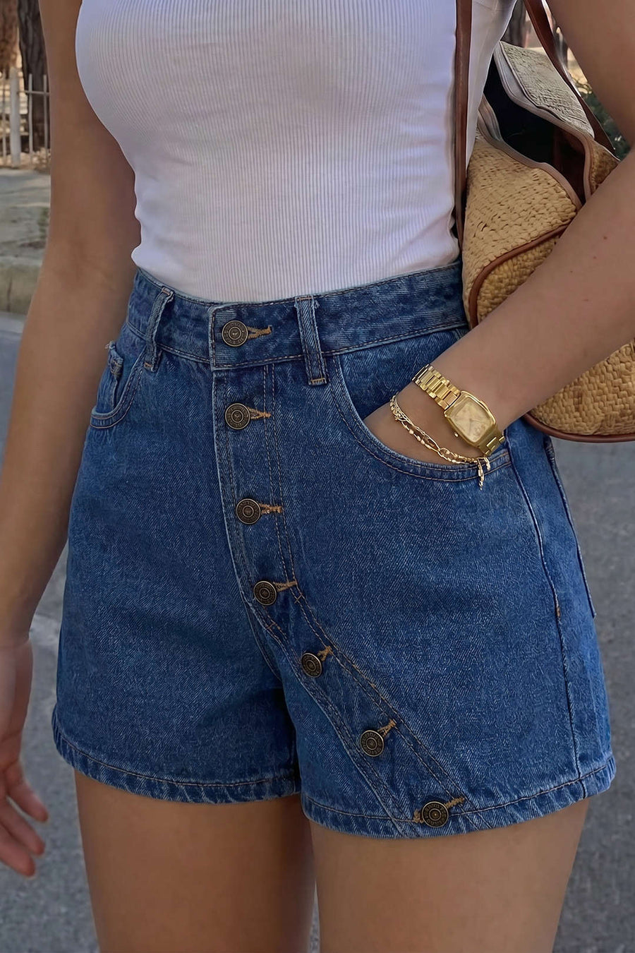 Denim Asymmetrical Button Shorts