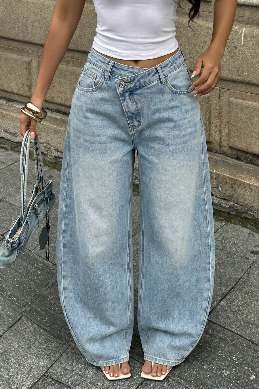 Denim Asymmetrical Button Barrel Jeans