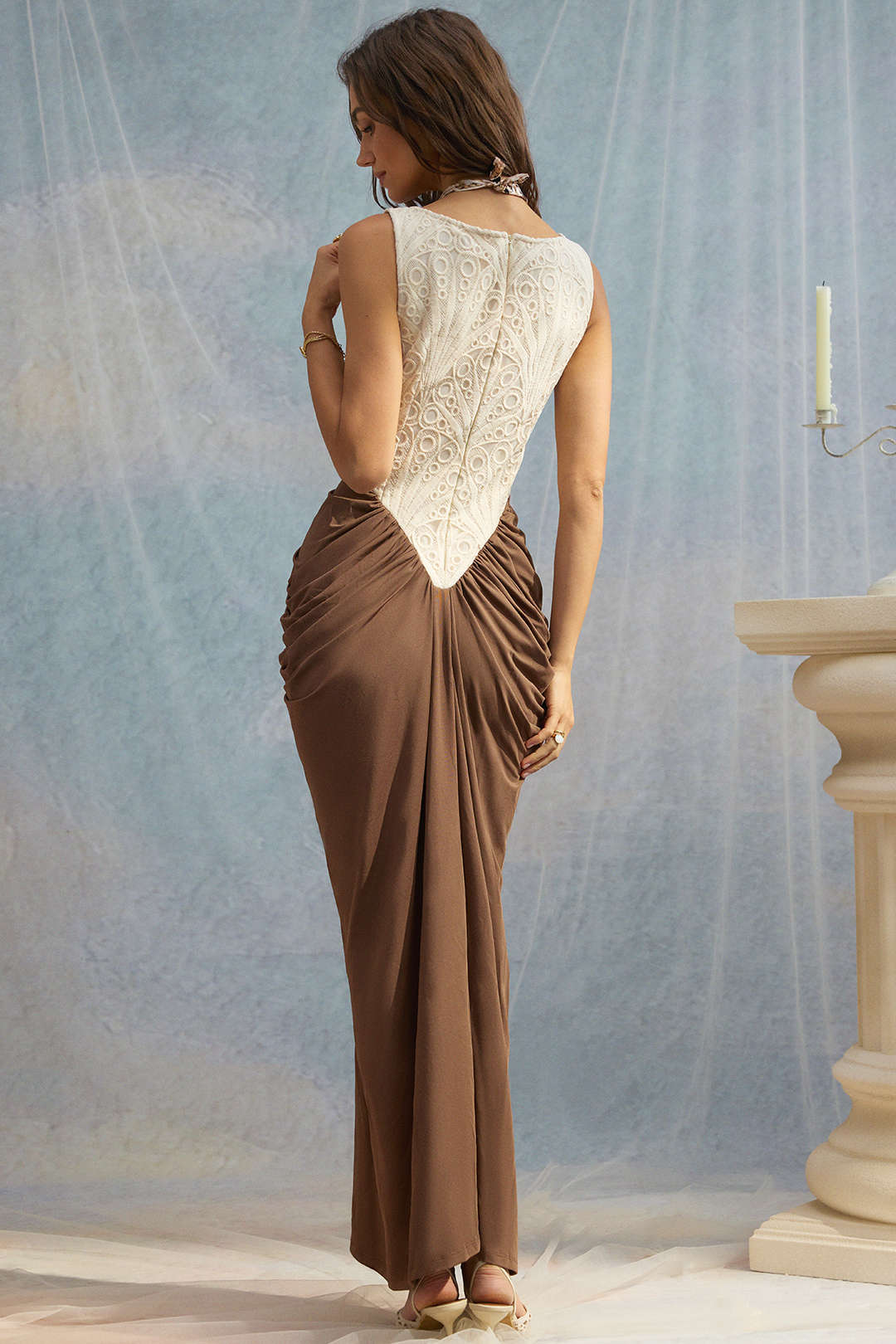 Embroidery Patchwork Square Neck Ruched Sleeveless Maxi Dress