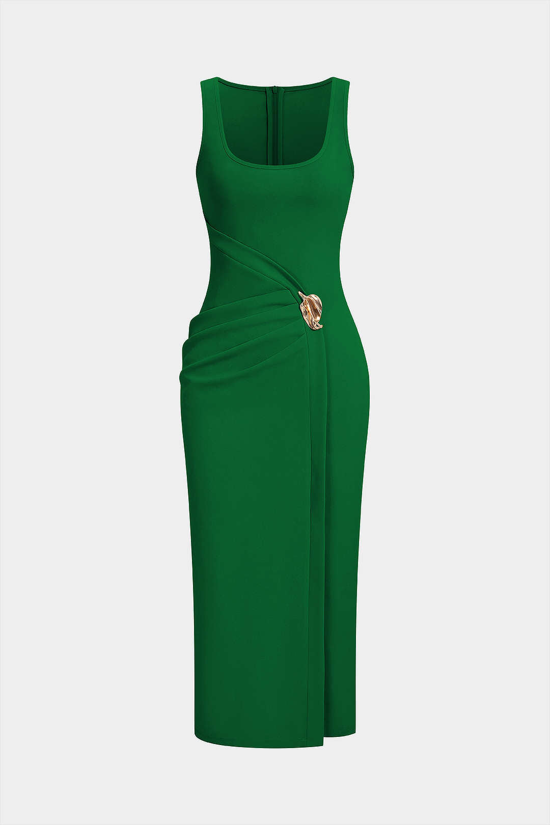 U-Neck Metallic Asymmetrical Ruched Zipper Sleeveless Midi Dress