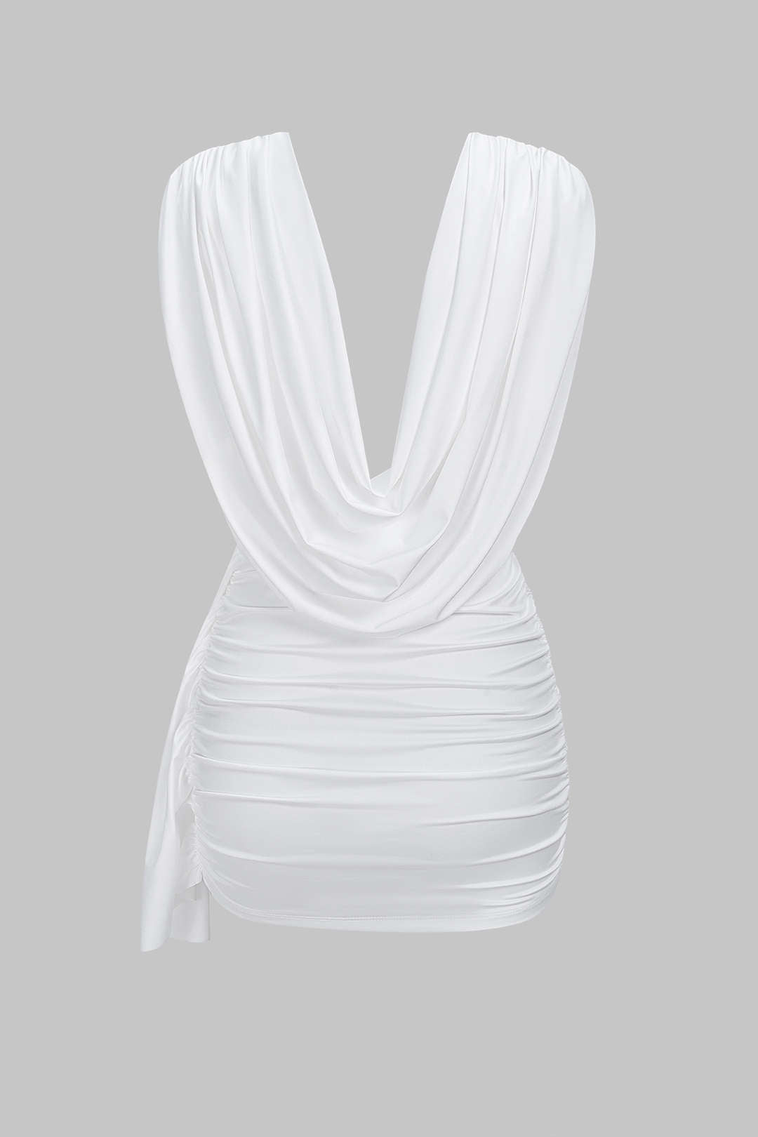 Ruched Draped Cowl Neck Asymmetrical Sleeveless Mini Dress
