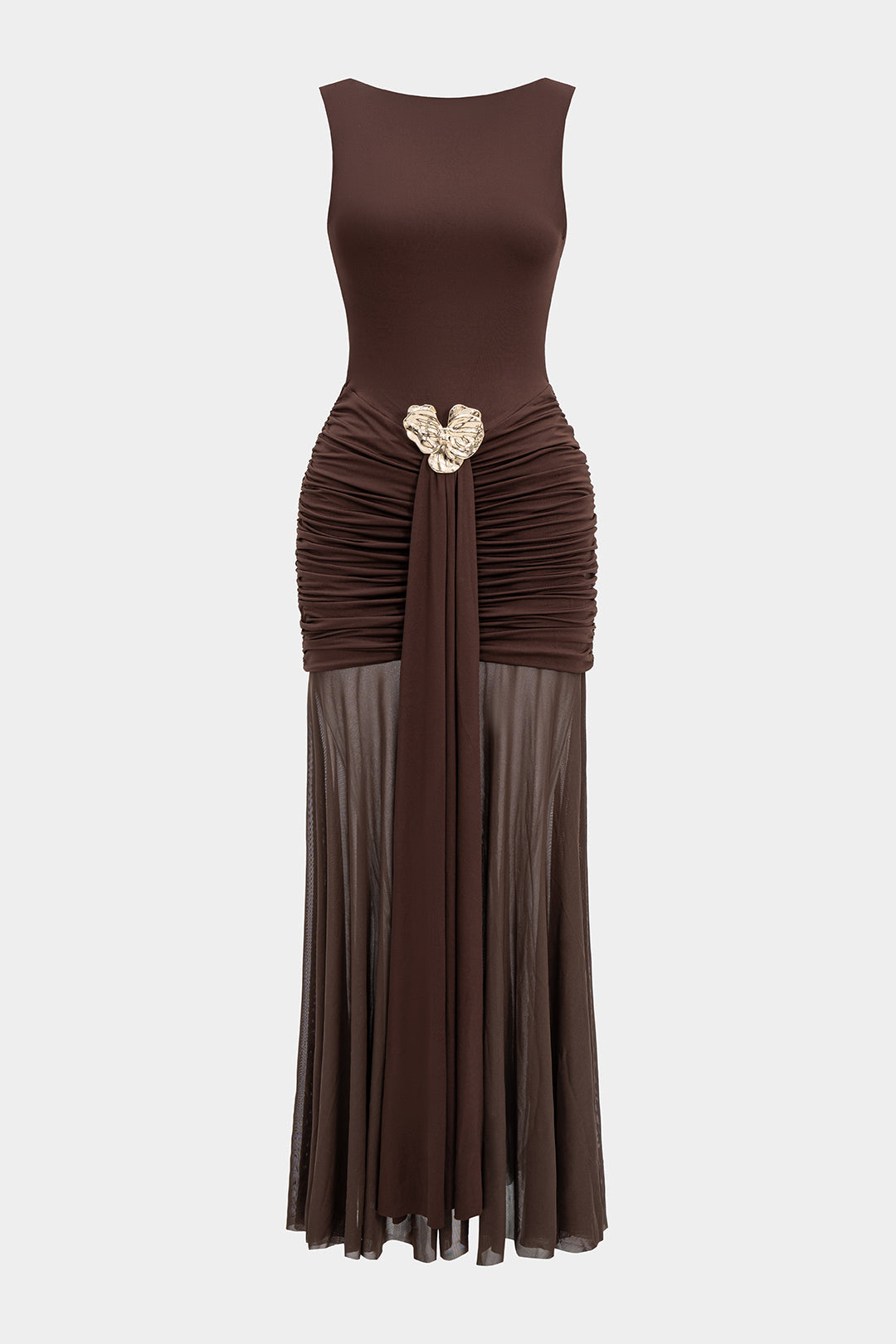 Mesh Metallic Decor Ruched Backless Sleeveless Maxi Dress