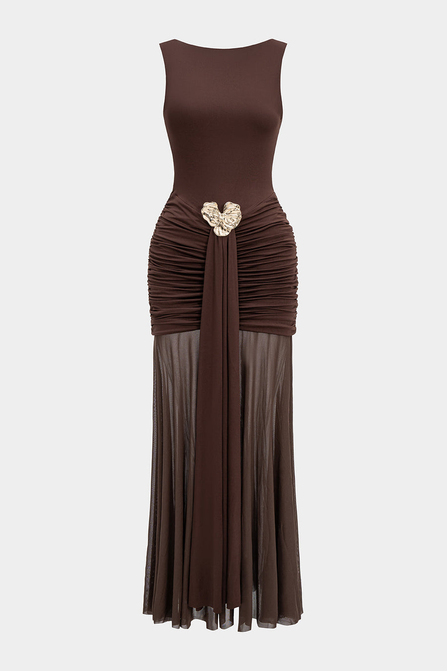 Mesh Metallic Decor Ruched Backless Sleeveless Maxi Dress