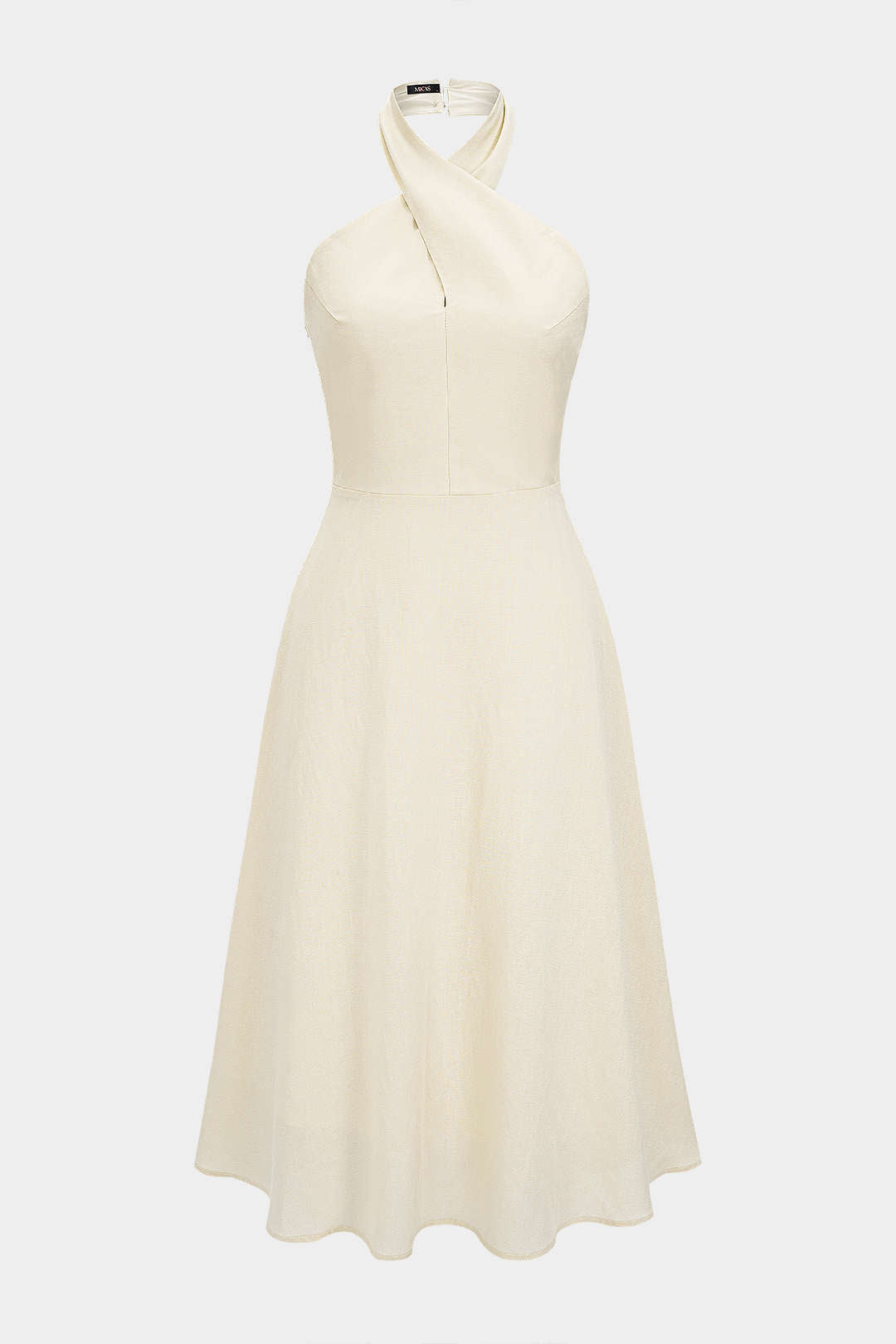 Linen Patchwork Crossed Halter Neck Ruched Sleeveless Midi Dress