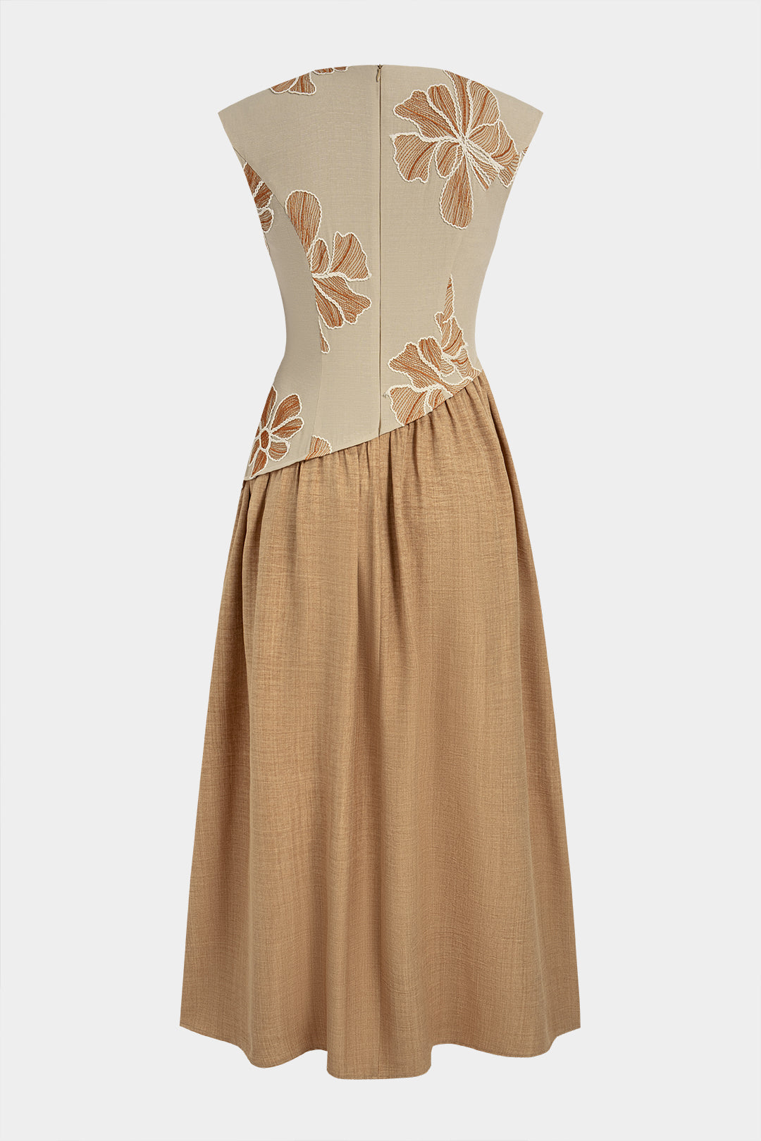 Linen Patchwork Floral Embroidery Asymmetrical Ruched Sleeveless Maxi Dress