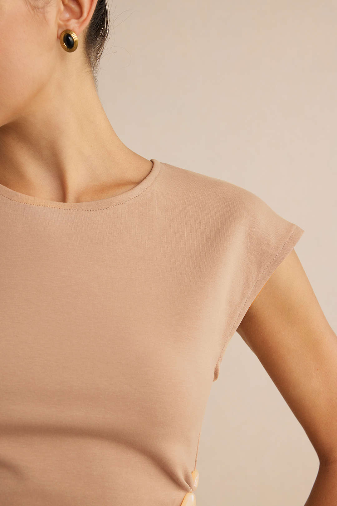 Round Neck Asymmetrical Beaded Cut Out T-Shirt
